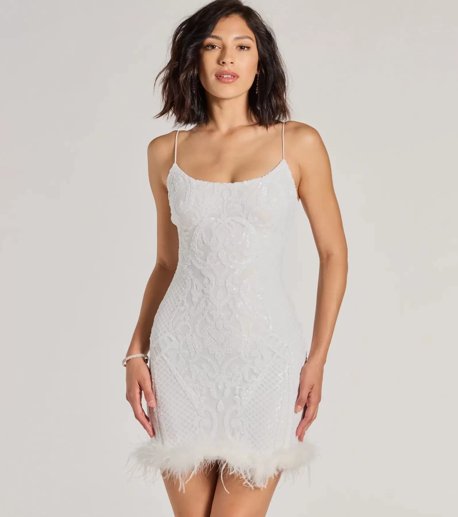 Windsor Bridal Reception Dresses | Rehearsal*Adelina Feather Trim Sequin Mini Dress