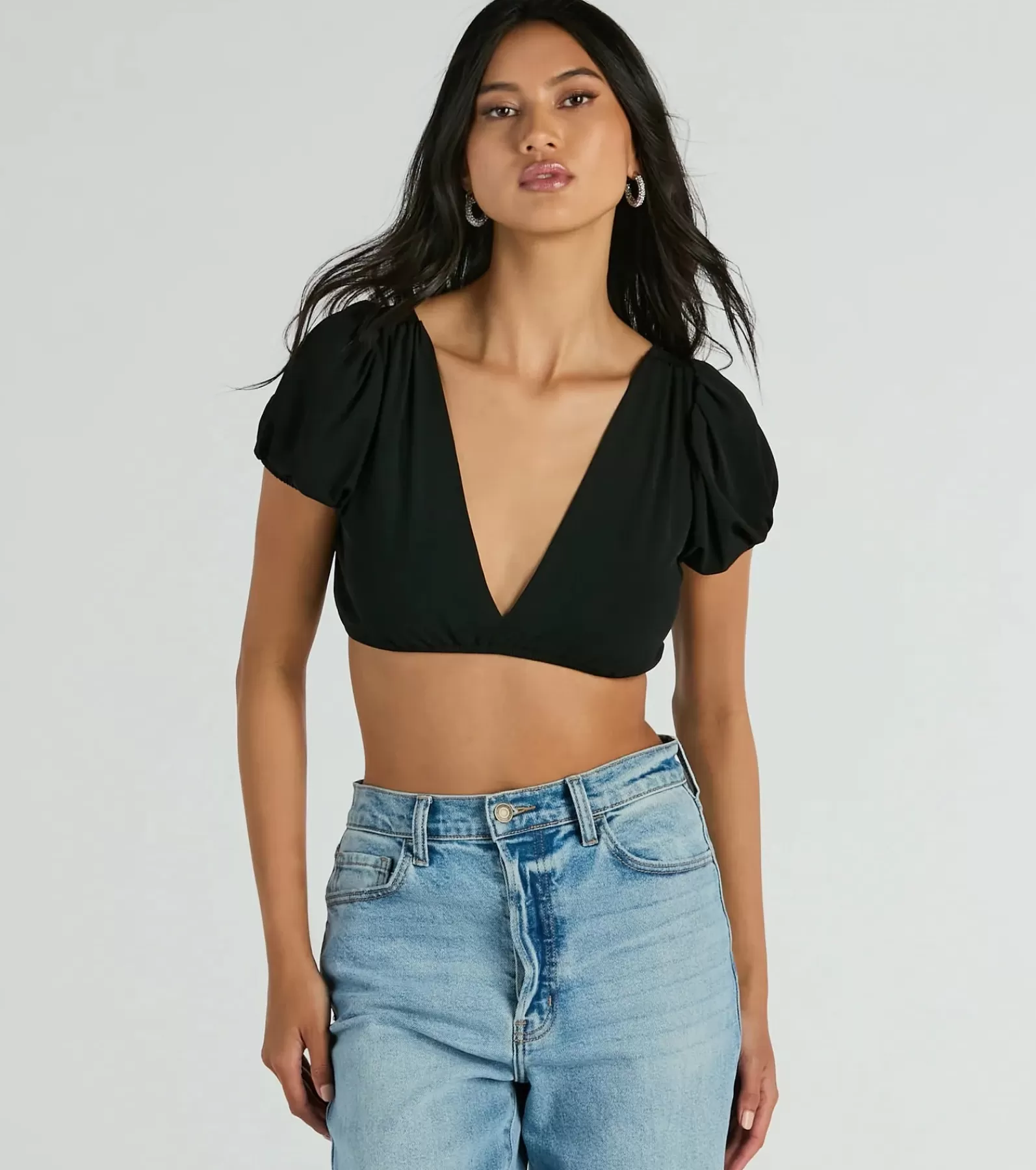 Windsor Short Sleeve Tops*Adorable Allure Puff Sleeve Tie-Back Crop Top