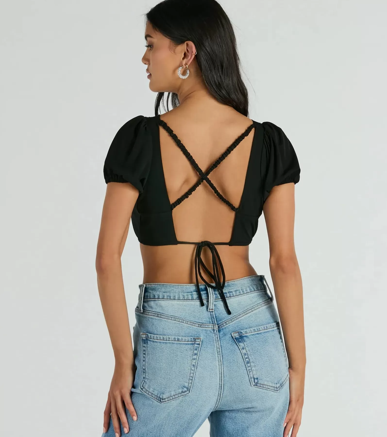 Windsor Short Sleeve Tops*Adorable Allure Puff Sleeve Tie-Back Crop Top