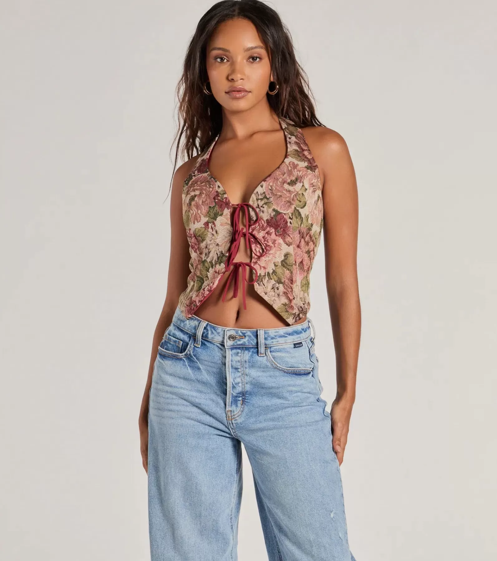 Windsor Crop Tops*Adore You Floral Tapestry Lace Up Vest