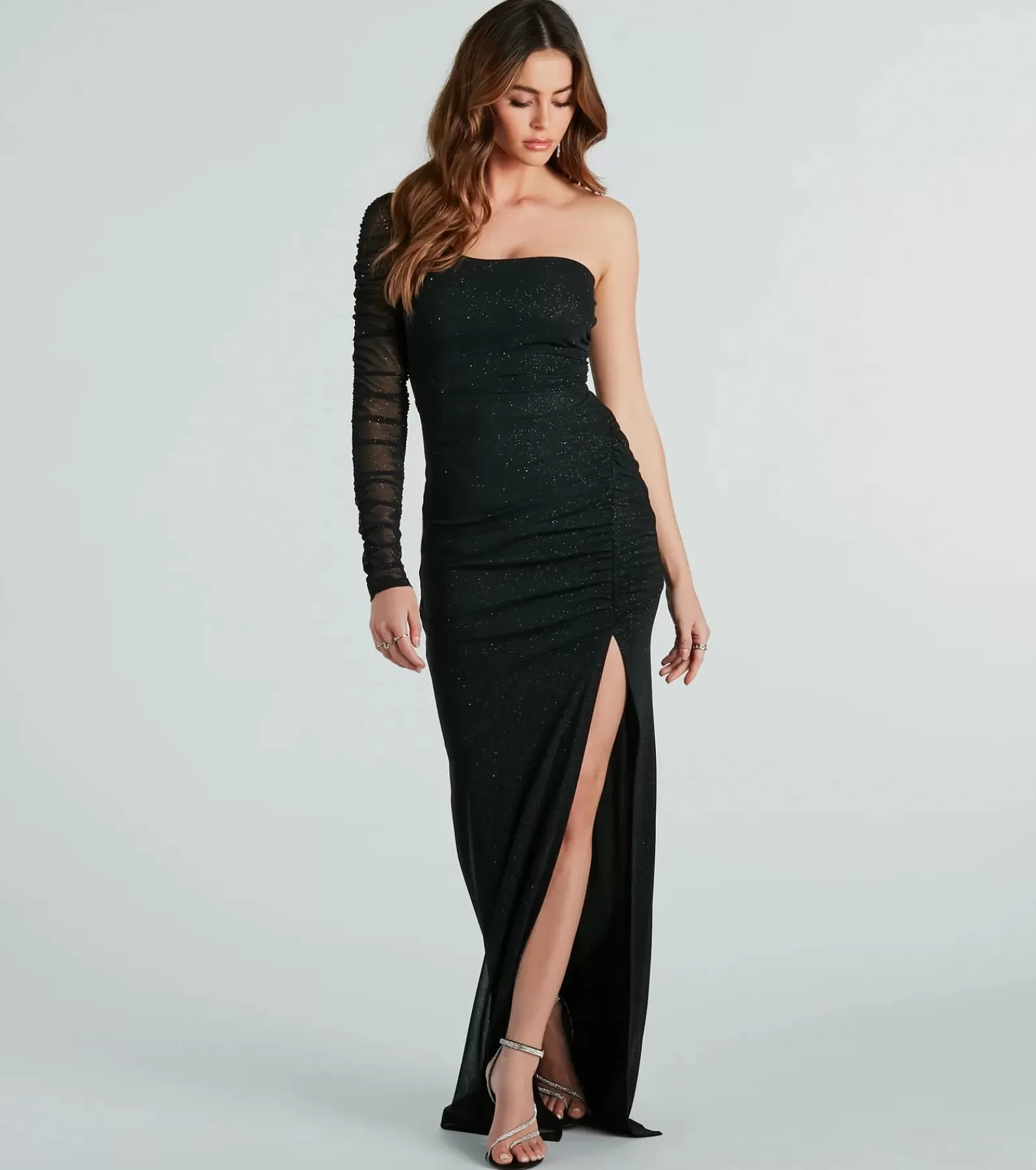 Windsor Black Bridesmaid Dresses | Black Tie Wedding Guest Dresses*Aliana Glitter Mesh One-Shoulder Long Formal Dress