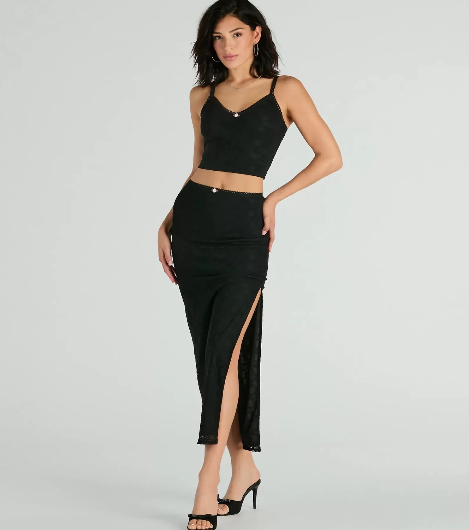 Windsor All Matching Sets | Black Skirts*Alluring Dream High-Rise Lace Rosette Maxi Skirt