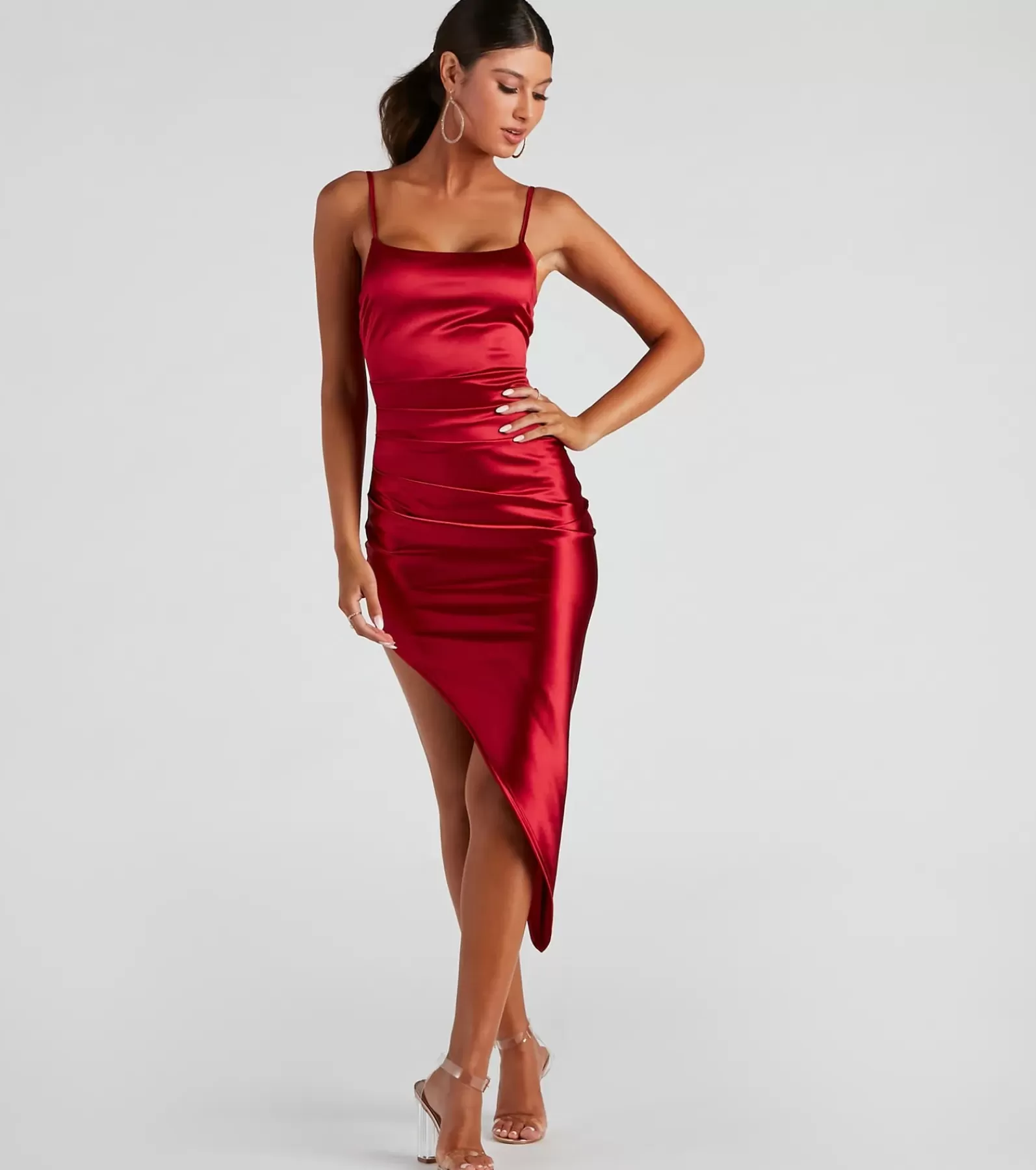 Windsor Bridal Shower | Red Holiday Dresses*Alluring Silhouette Satin Midi Dress