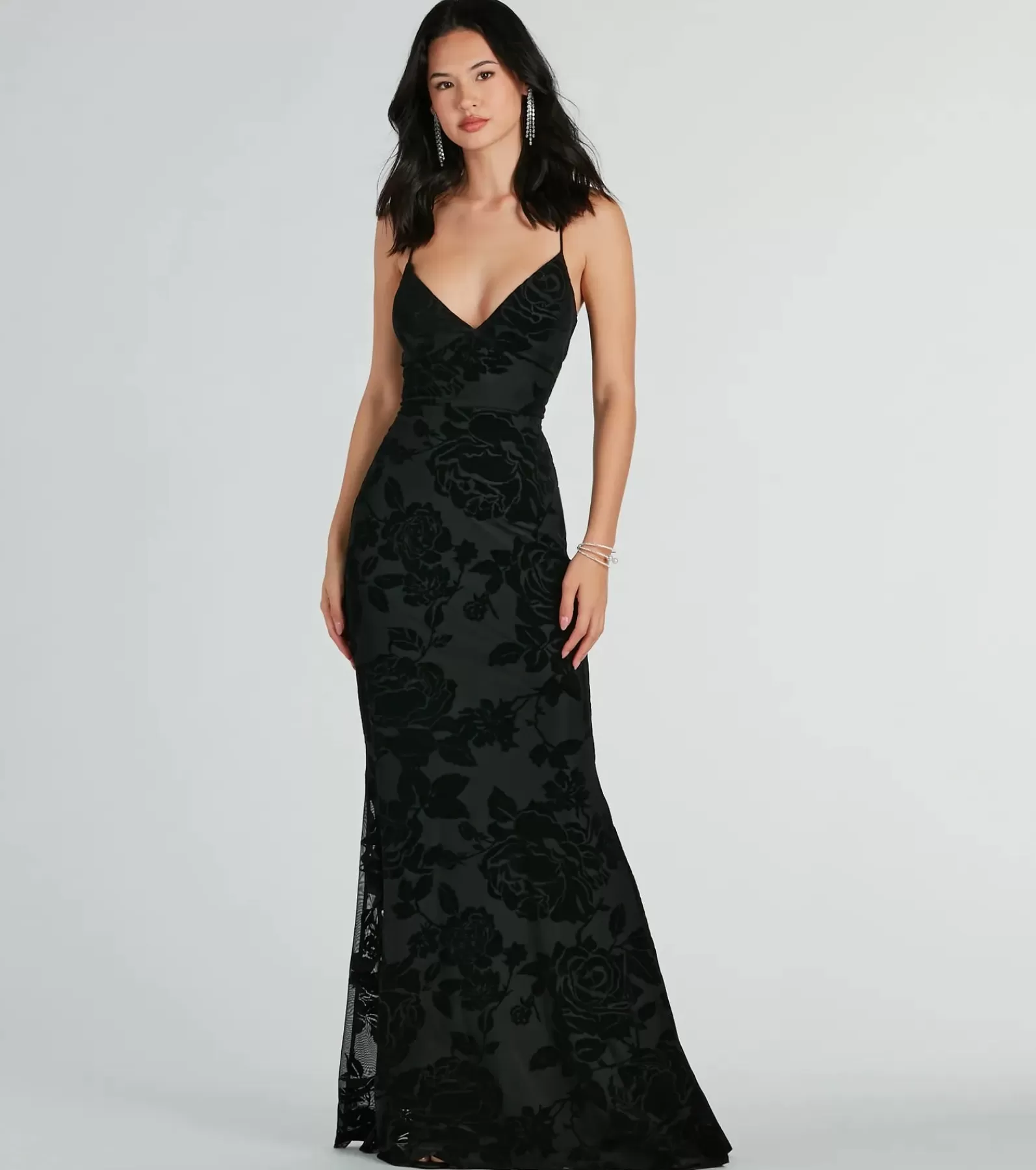 Windsor Black Bridesmaid Dresses | Black Tie Wedding Guest Dresses*Aly Formal Floral Velvet Lace-Up Mermaid Dress