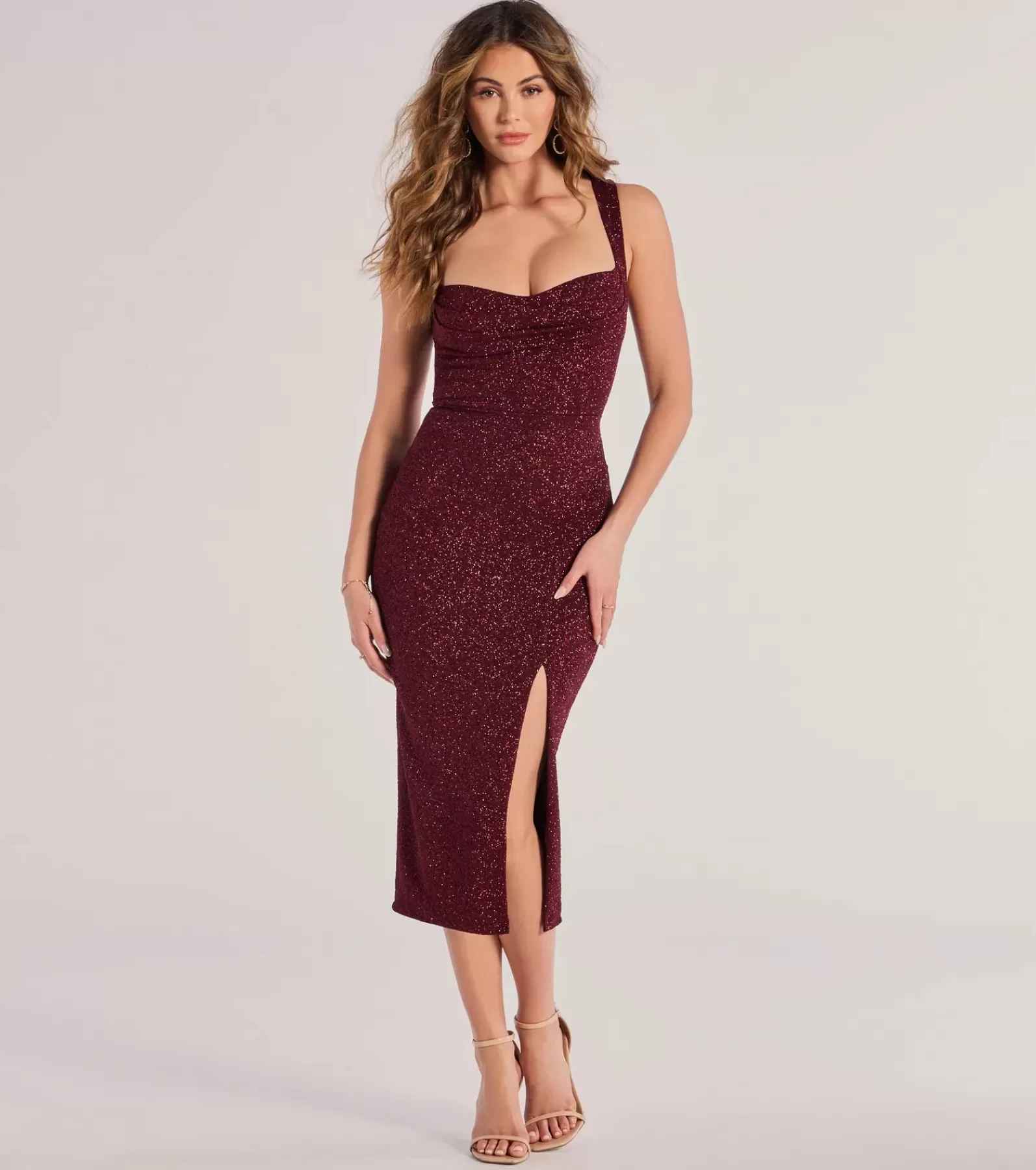 Windsor Glitter Nye Dresses | Wedding Outfits*Arlette Lace-Up High Slit Glitter Knit Midi Dress