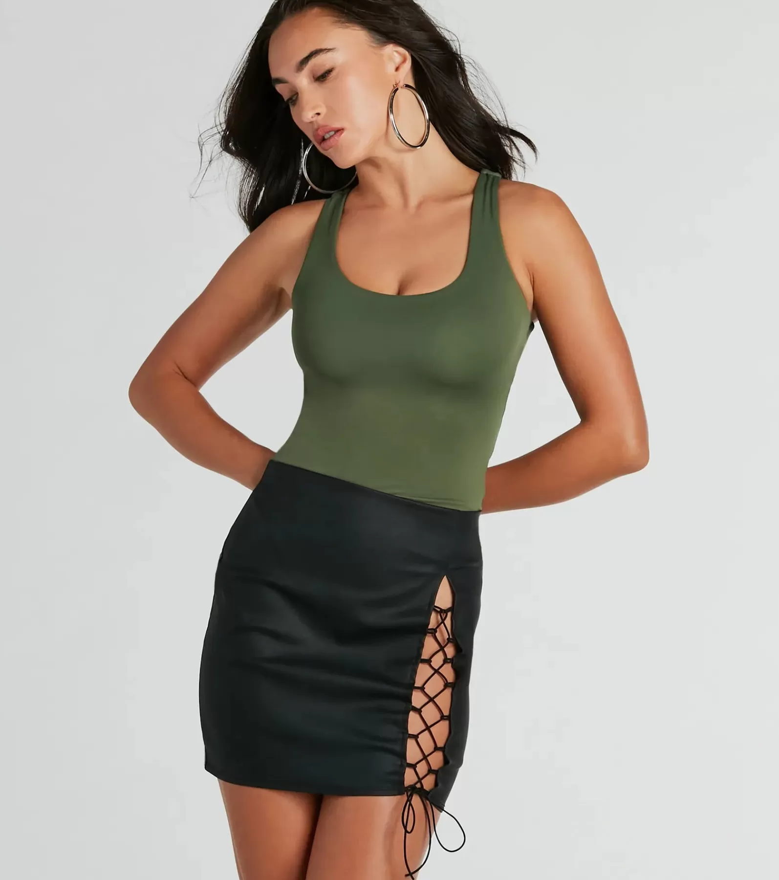 Windsor Black Skirts | Faux Leather & Suede Bottoms*Babe Alert Lace-Up Woven Mini Skirt