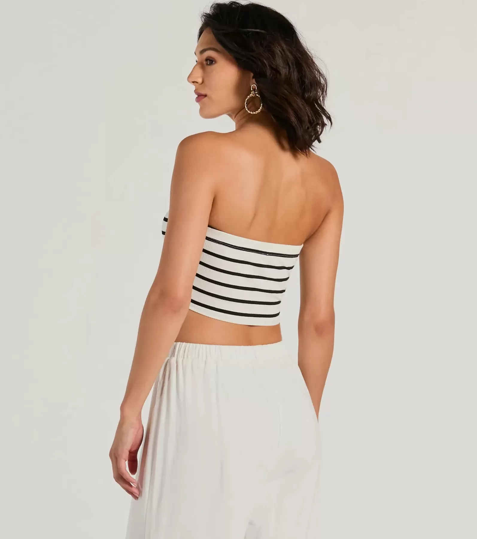 Windsor Honeymoon*Bold Babe Strapless Lace-Up Striped Crop Top