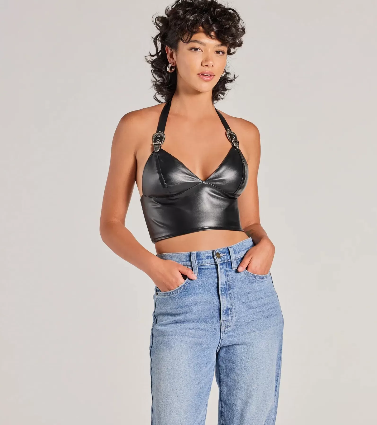 Windsor Going-Out Tops | Crop Tops*Bold Buckle Halter Strap Faux Leather Crop Top