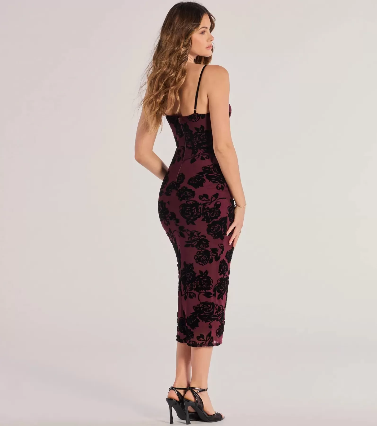 Windsor Midi Holiday Dresses | Velvet Holiday Dresses*Bold Romance Sleeveless Flocked Velvet Corset Midi Dress