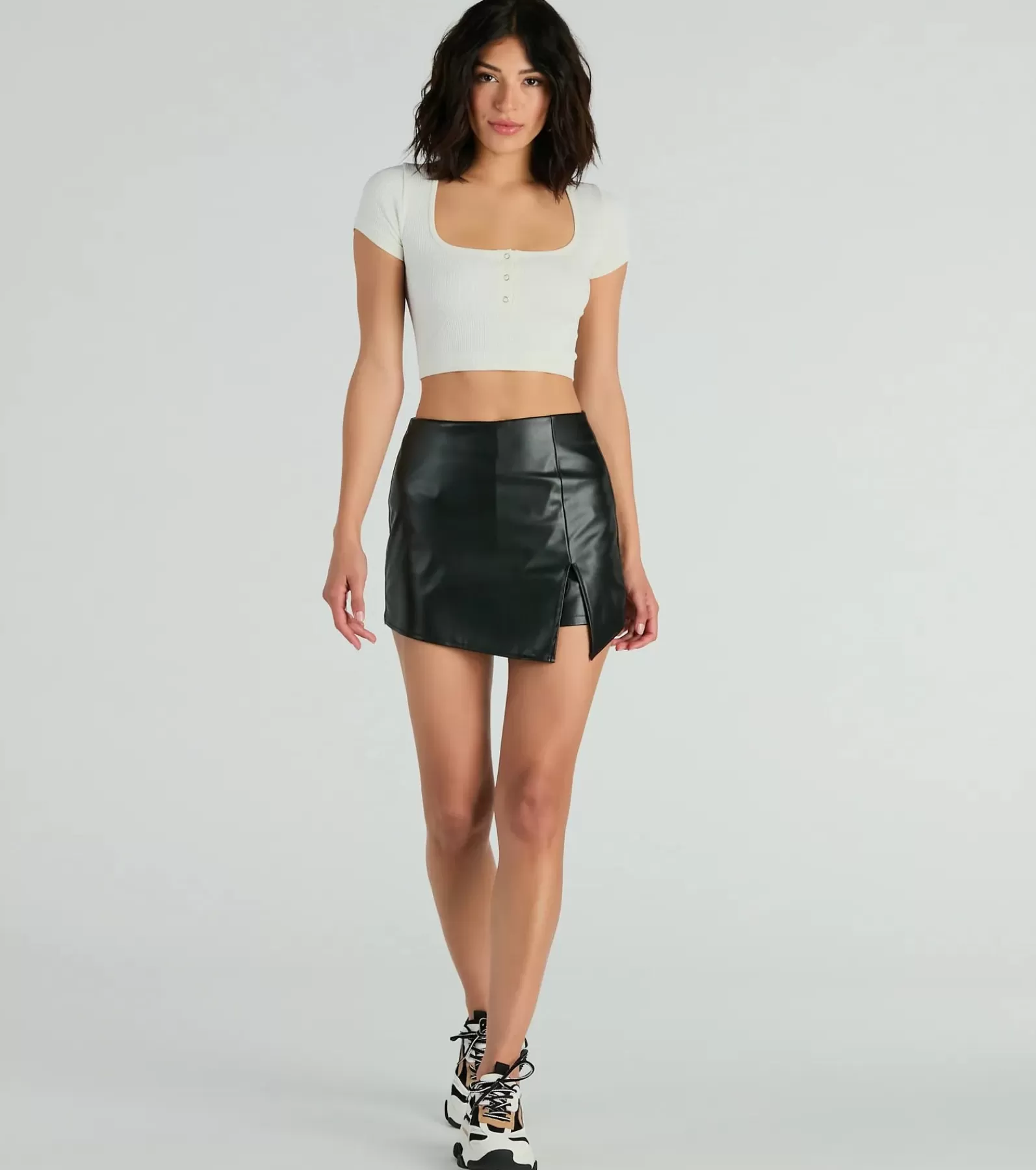 Windsor Black Skirts | Faux Leather & Suede Bottoms*Born To Be Sleek High-Rise Slit Faux Leather Skort