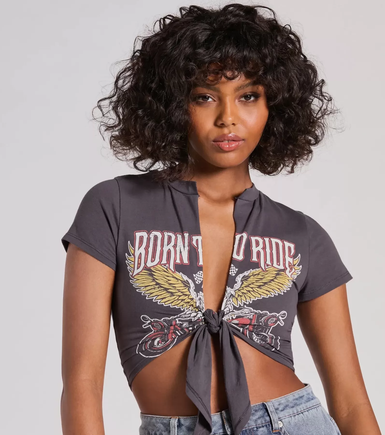 Windsor Tie Front Tops | Graphic Tees*Born To Ride Short Sleeve Tie Front Graphic Tee