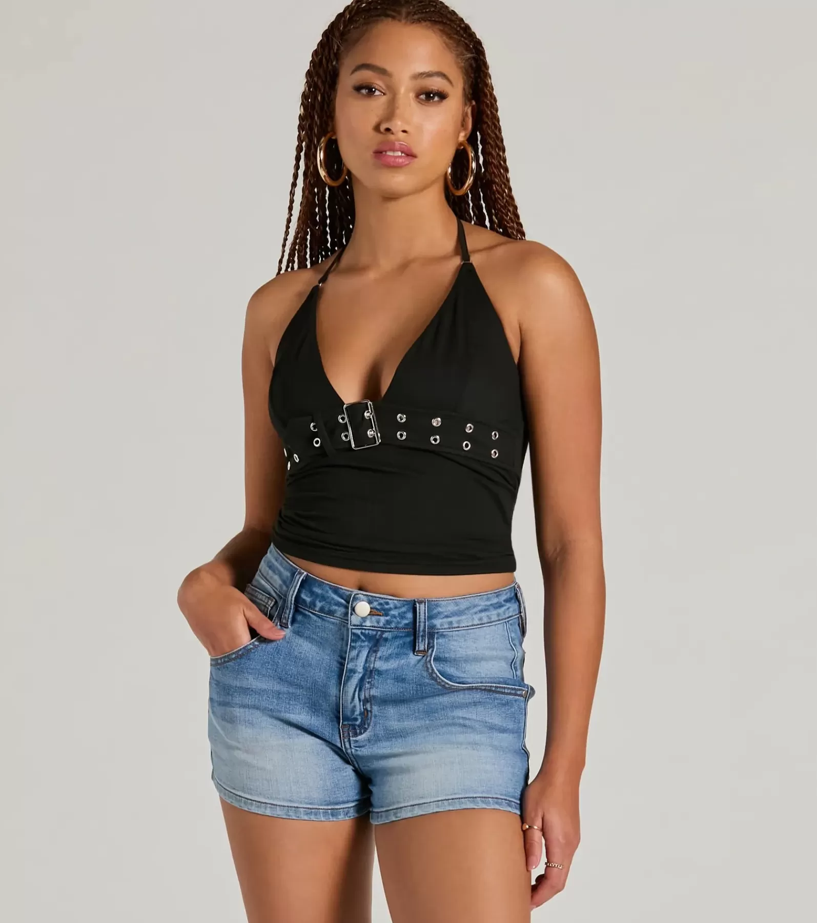 Windsor Basic Tops | Going-Out Tops*Buckle Down Halter V-Neck Crop Top