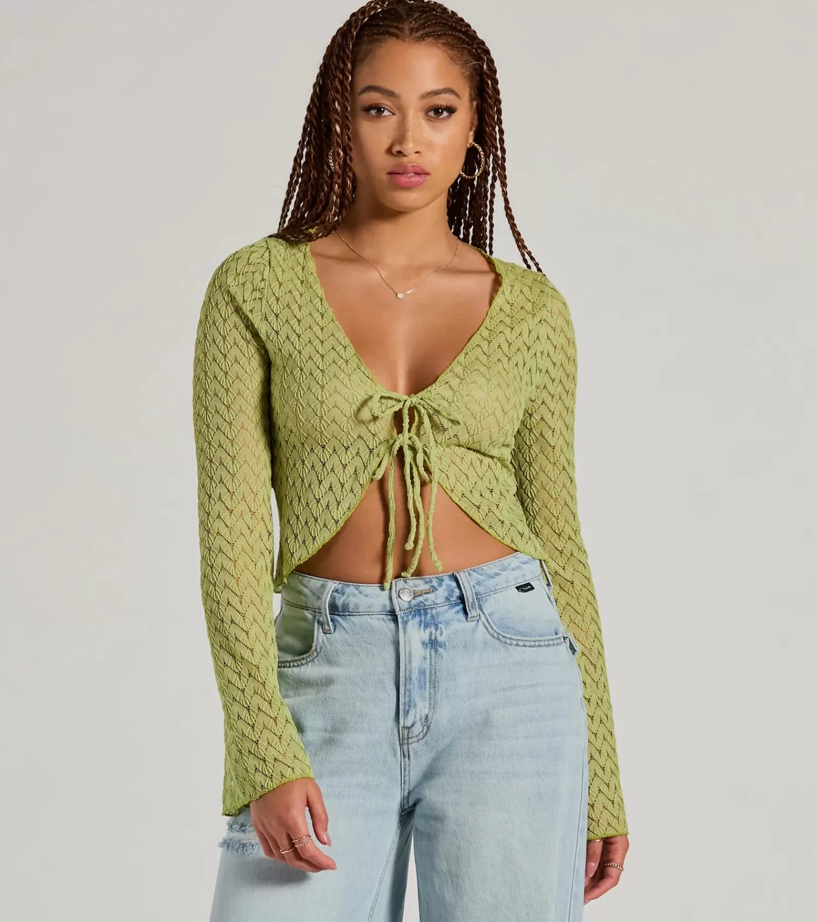 Windsor Tie Front Tops | Long Sleeve Tops*Cabana Honey Tie Front Crochet Crop Sweater