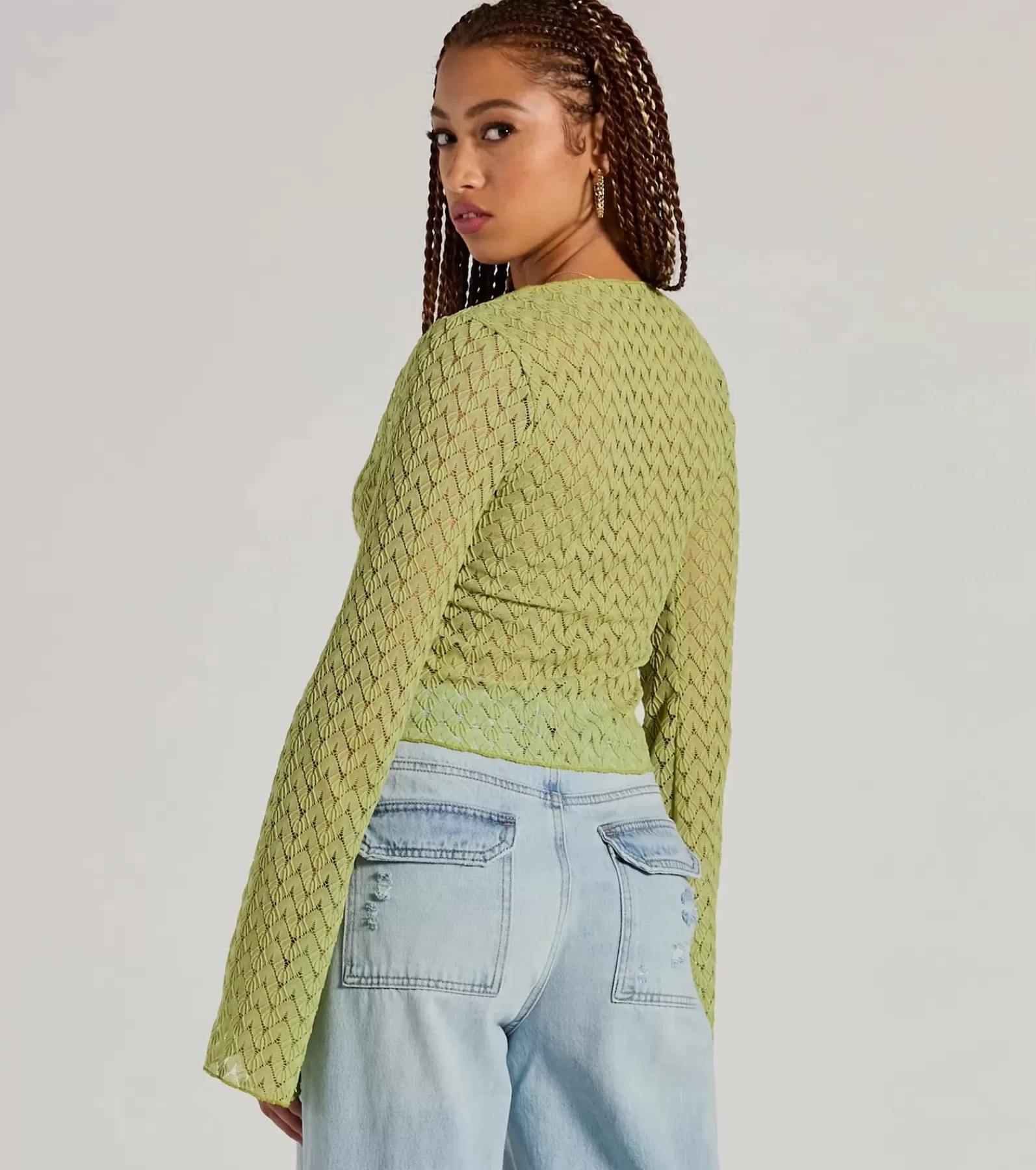 Windsor Tie Front Tops | Long Sleeve Tops*Cabana Honey Tie Front Crochet Crop Sweater