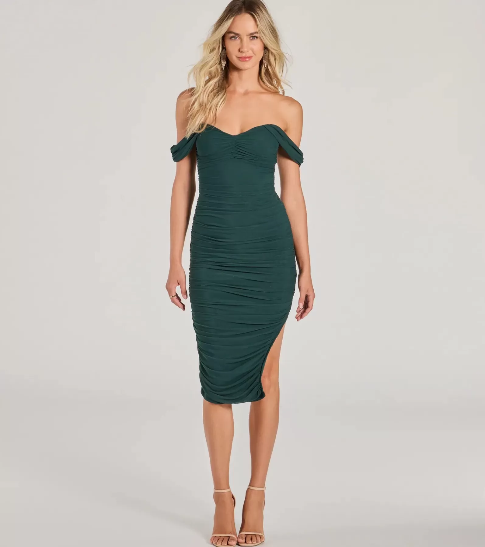 Windsor Nye Dresses | Bridal Shower*Can't Help It Mesh Off-The-Shoulder Midi Dress