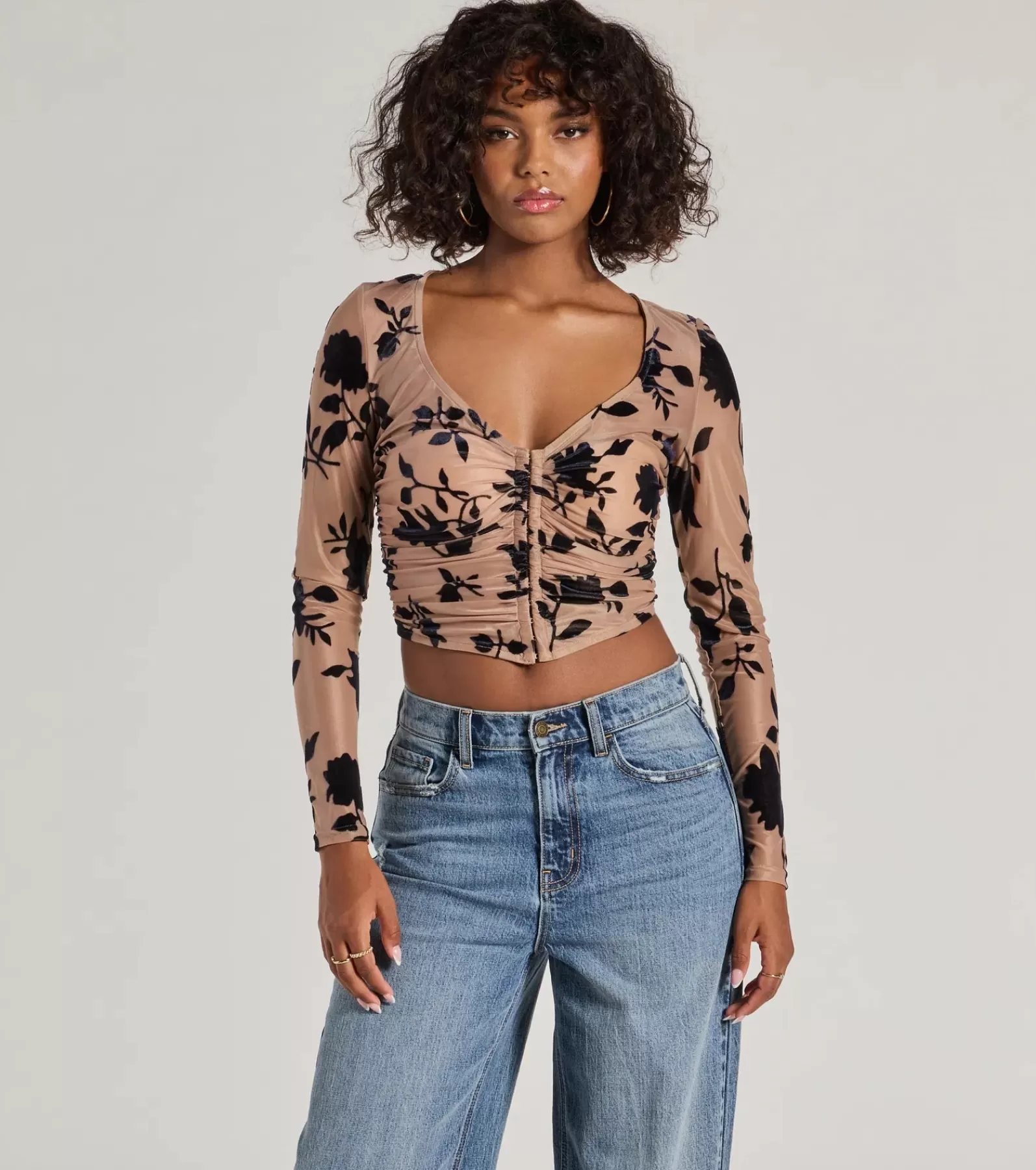 Windsor Going-Out Tops | Long Sleeve Tops*Charming Flocked Floral Mesh Long Sleeve Corset Top