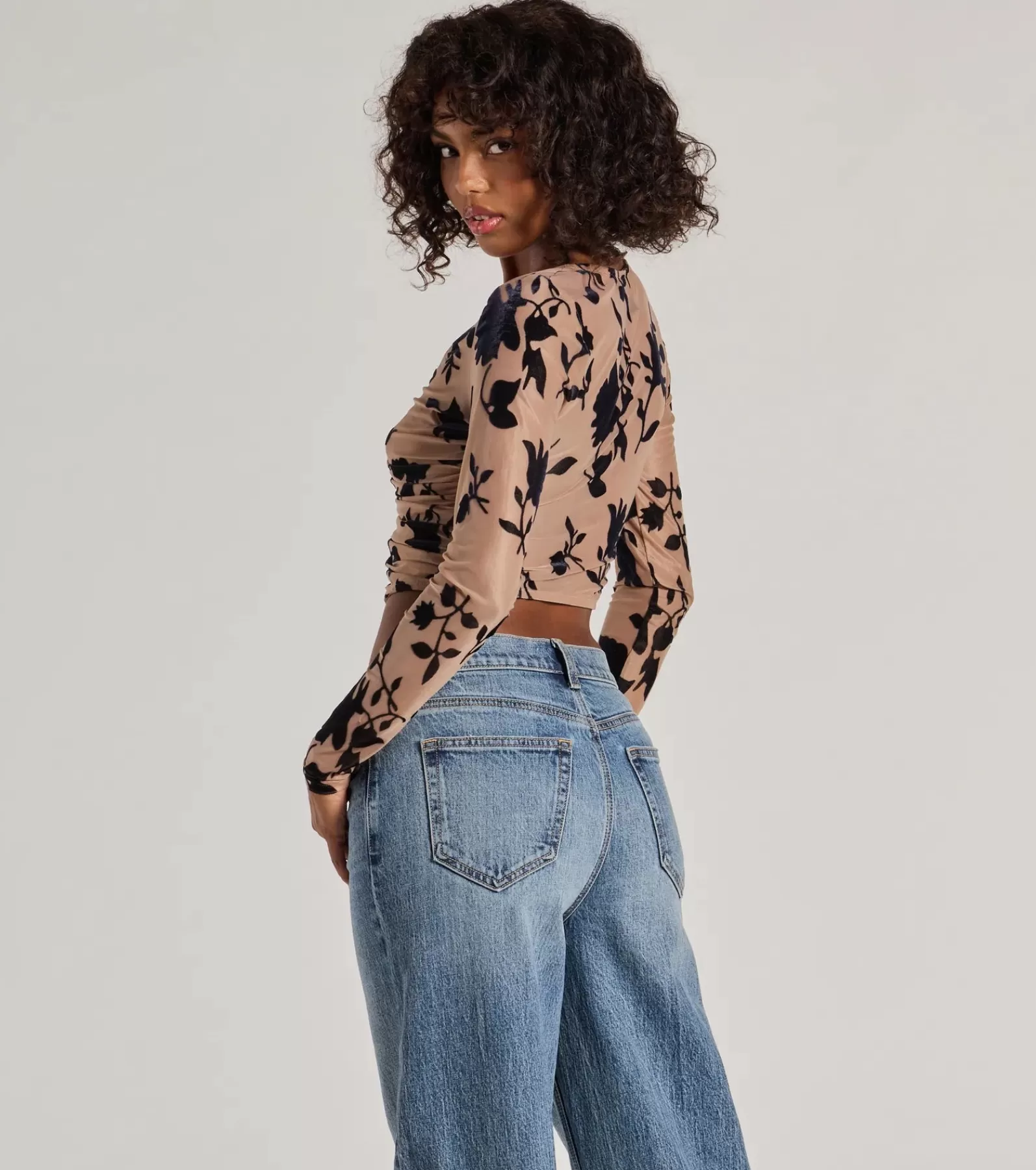 Windsor Going-Out Tops | Long Sleeve Tops*Charming Flocked Floral Mesh Long Sleeve Corset Top