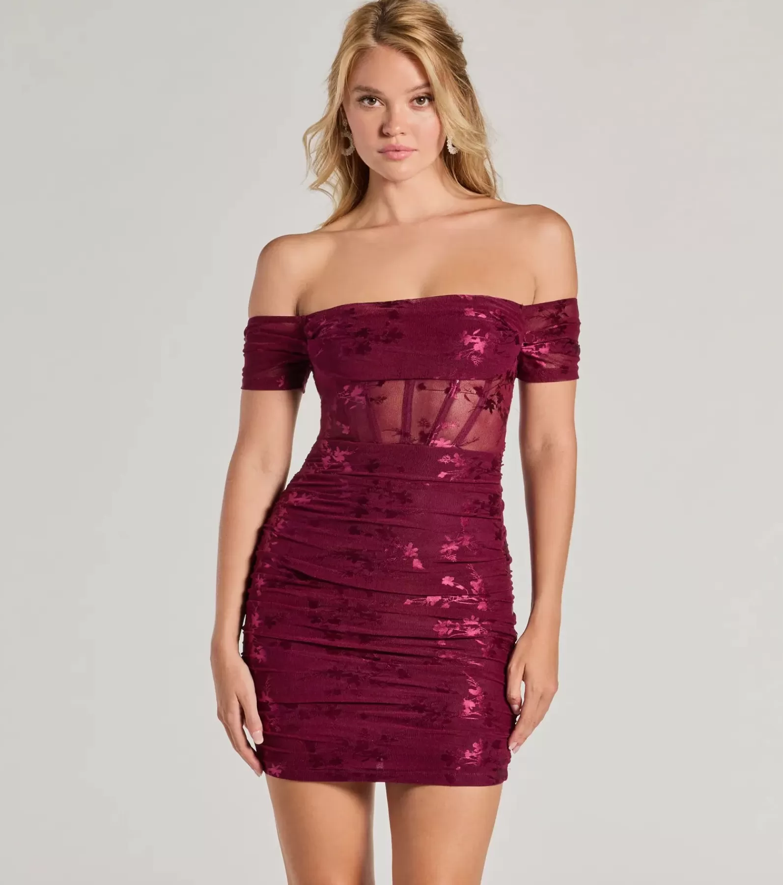 Windsor Red Holiday Dresses | Holiday Party Outfits*Chic Flair Foiled Floral Knit Corset Mini Dress