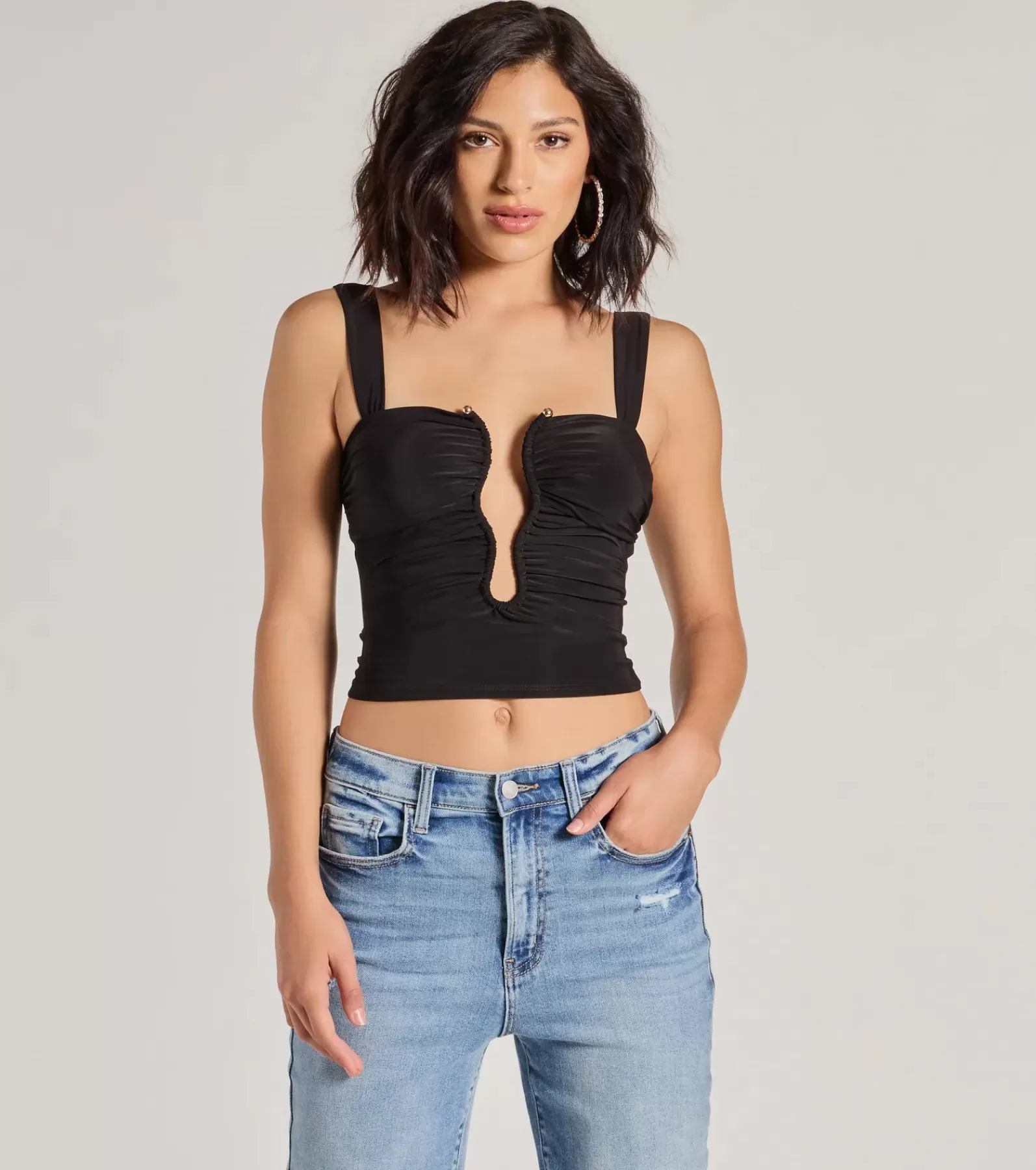 Windsor Going-Out Tops*Chic Illusion Plunge Cutout Ruched Tank Top