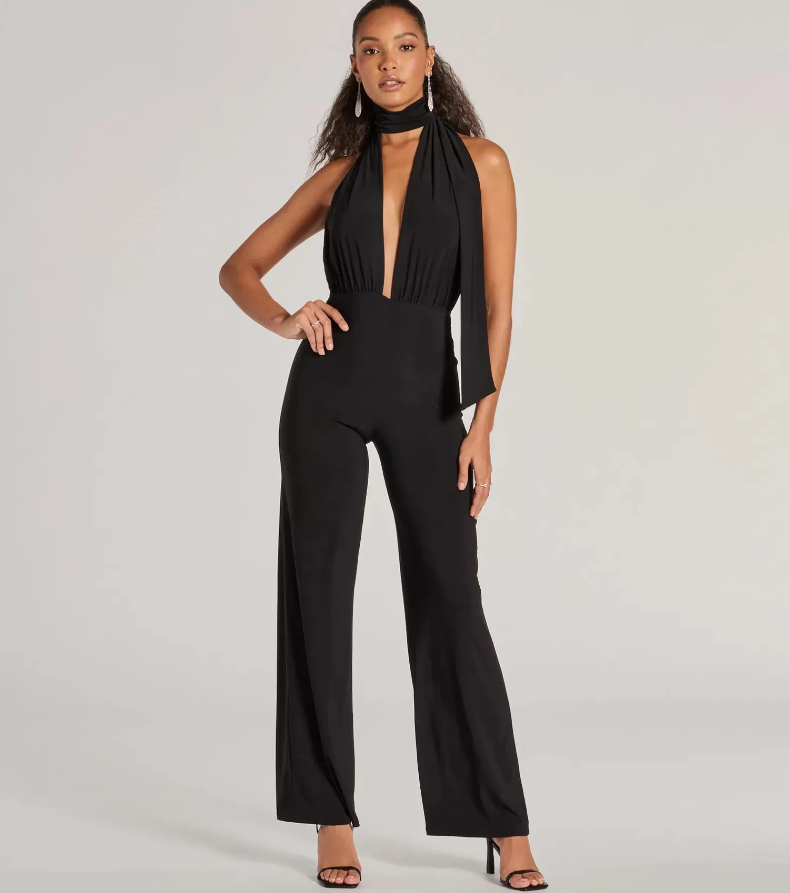 Windsor All Jumpsuits & Rompers | Black Pants*Chic Position Plunge Scarf Straight-Leg Jumpsuit