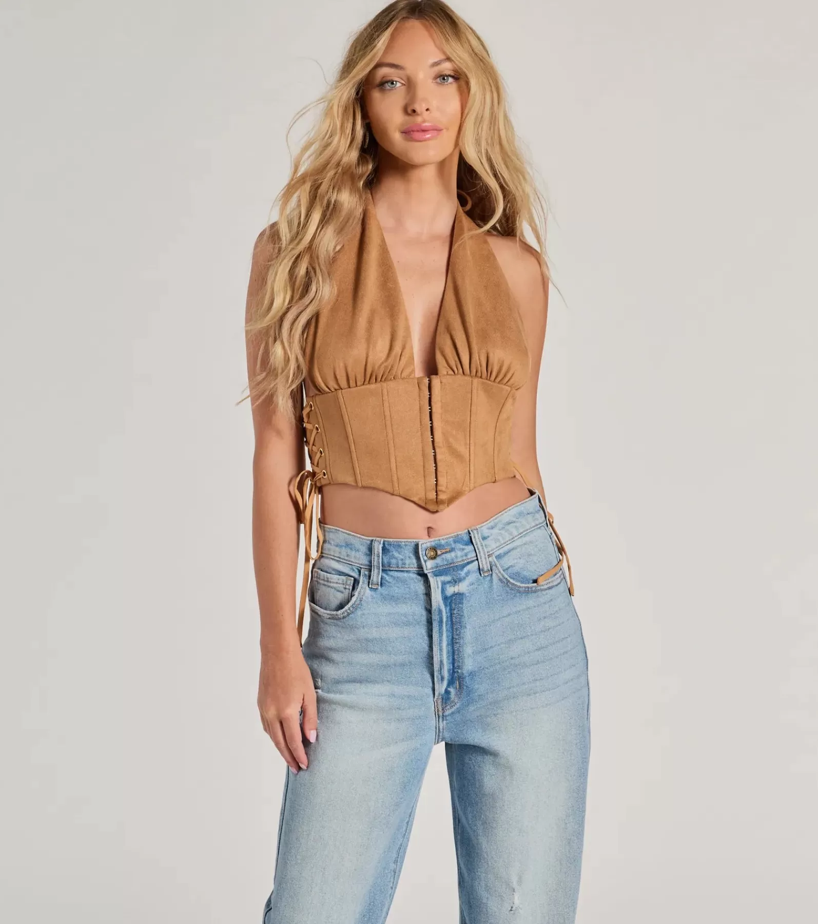 Windsor Corset & Bustier Tops | Crop Tops*Chic Vibes Faux Suede Halter Cropped Corset Top