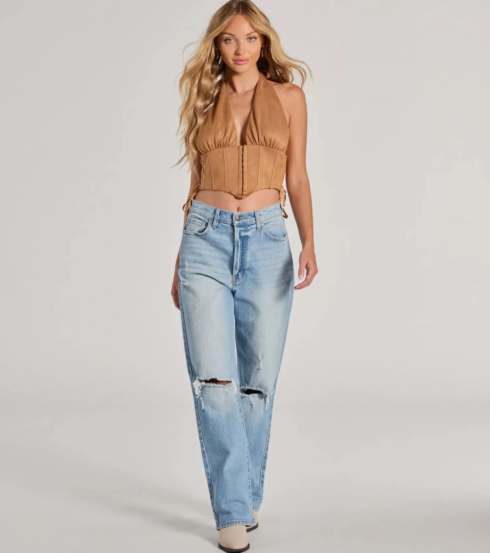 Windsor Corset & Bustier Tops | Crop Tops*Chic Vibes Faux Suede Halter Cropped Corset Top