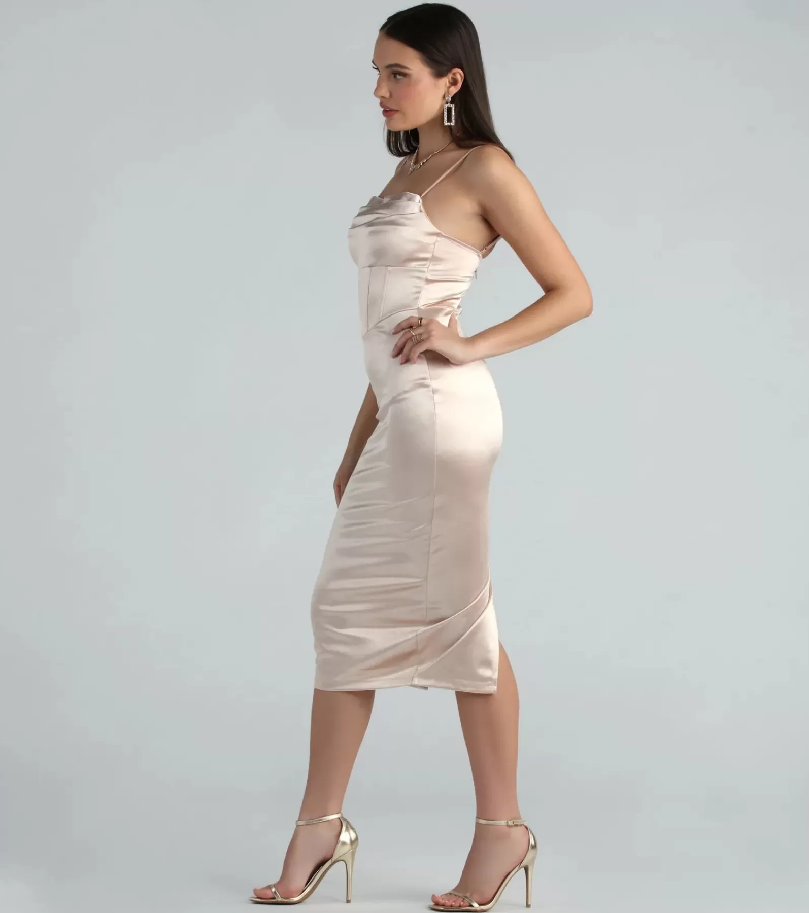 Windsor Rehearsal | Satin Bridesmaid Dresses*Chrysta Formal Satin Corset Midi Dress