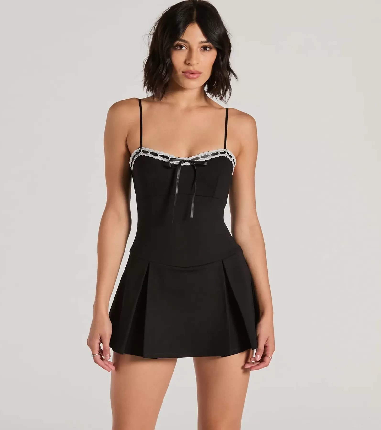 Windsor All Jumpsuits & Rompers | Shorts*Classy Yet Sassy Lace Trim Pleat Ponte Skater Romper