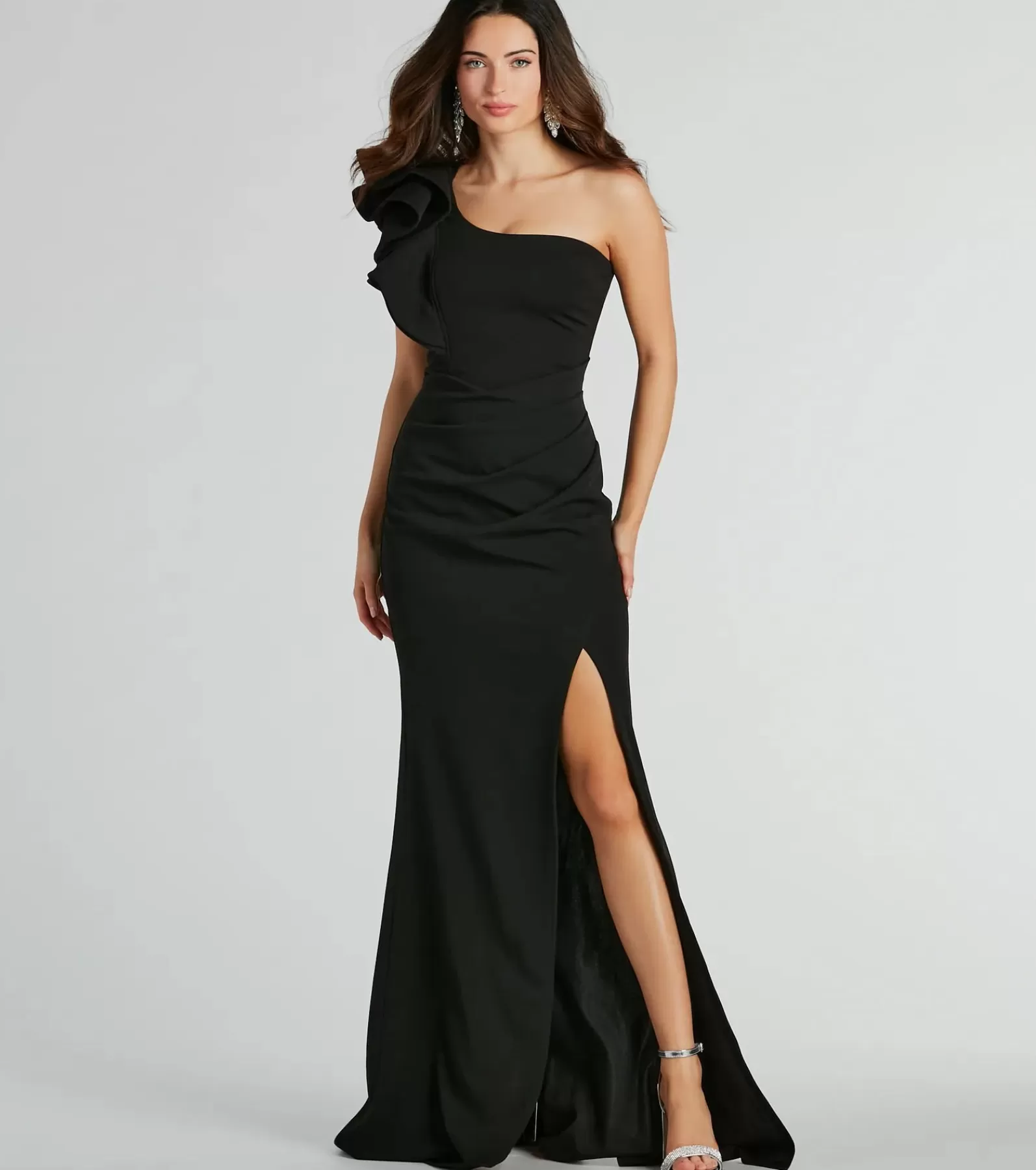 Windsor Black Bridesmaid Dresses | Black Tie Wedding Guest Dresses*Claudia Ruffled One-Shoulder Crepe Mermaid Dress