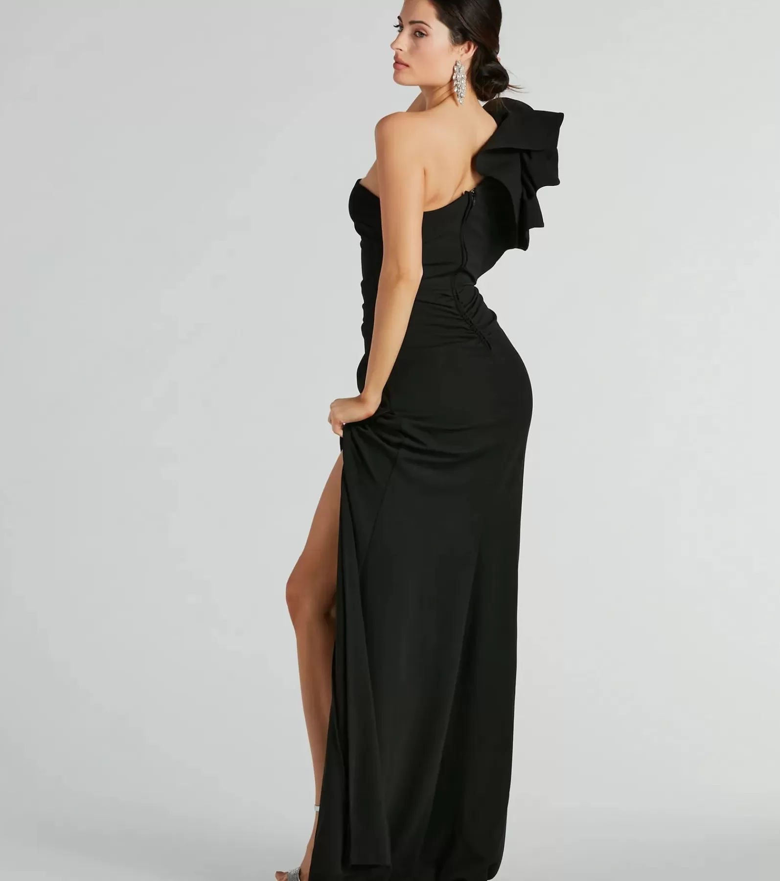 Windsor Black Bridesmaid Dresses | Black Tie Wedding Guest Dresses*Claudia Ruffled One-Shoulder Crepe Mermaid Dress