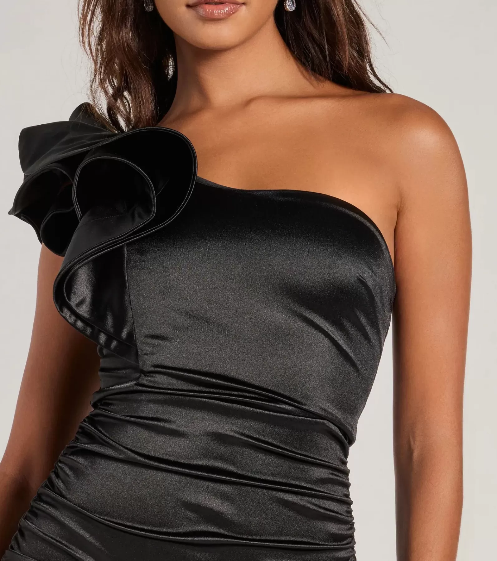 Windsor Mini Holiday Dresses | Black Holiday Dresses*Cora Satin Ruffled One-Shoulder Bodycon Mini Dress