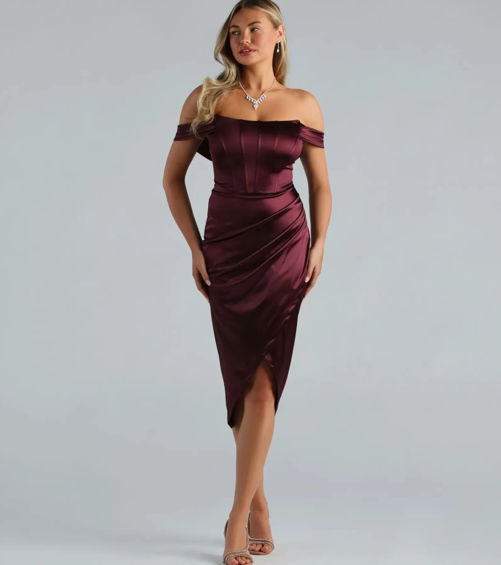 Windsor Midi Dresses*Coraline Satin Corset Wrap Formal Dress