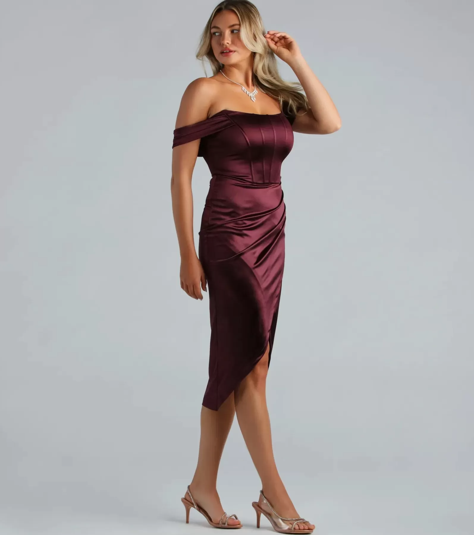 Windsor Midi Dresses*Coraline Satin Corset Wrap Formal Dress