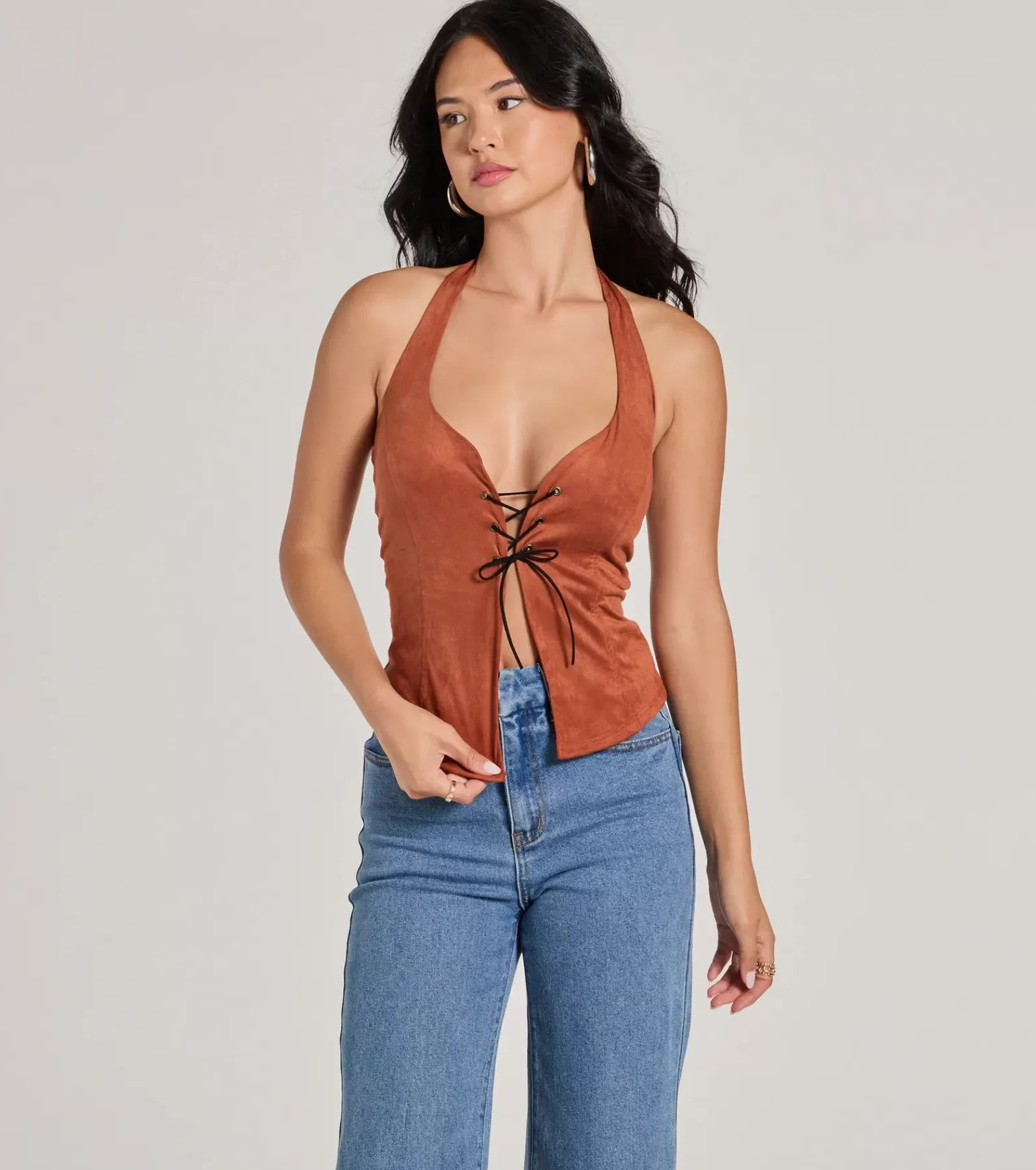 Windsor Going-Out Tops | Crop Tops*Country Girlie Halter Lace-Up Faux Suede Crop Top