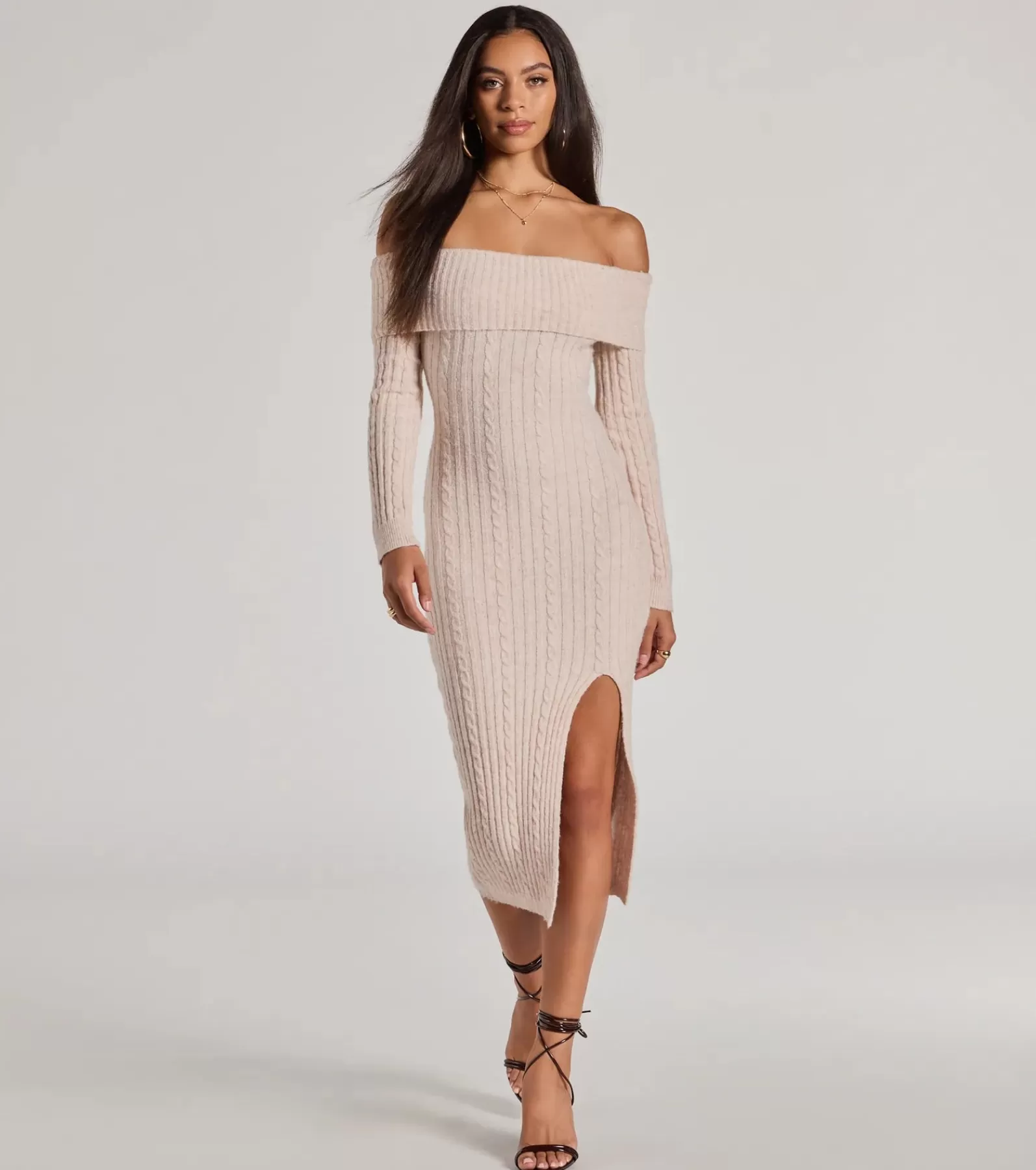 Windsor Midi Dresses*Cozy Luxe Cable Knit Off-The-Shoulder Midi Dress