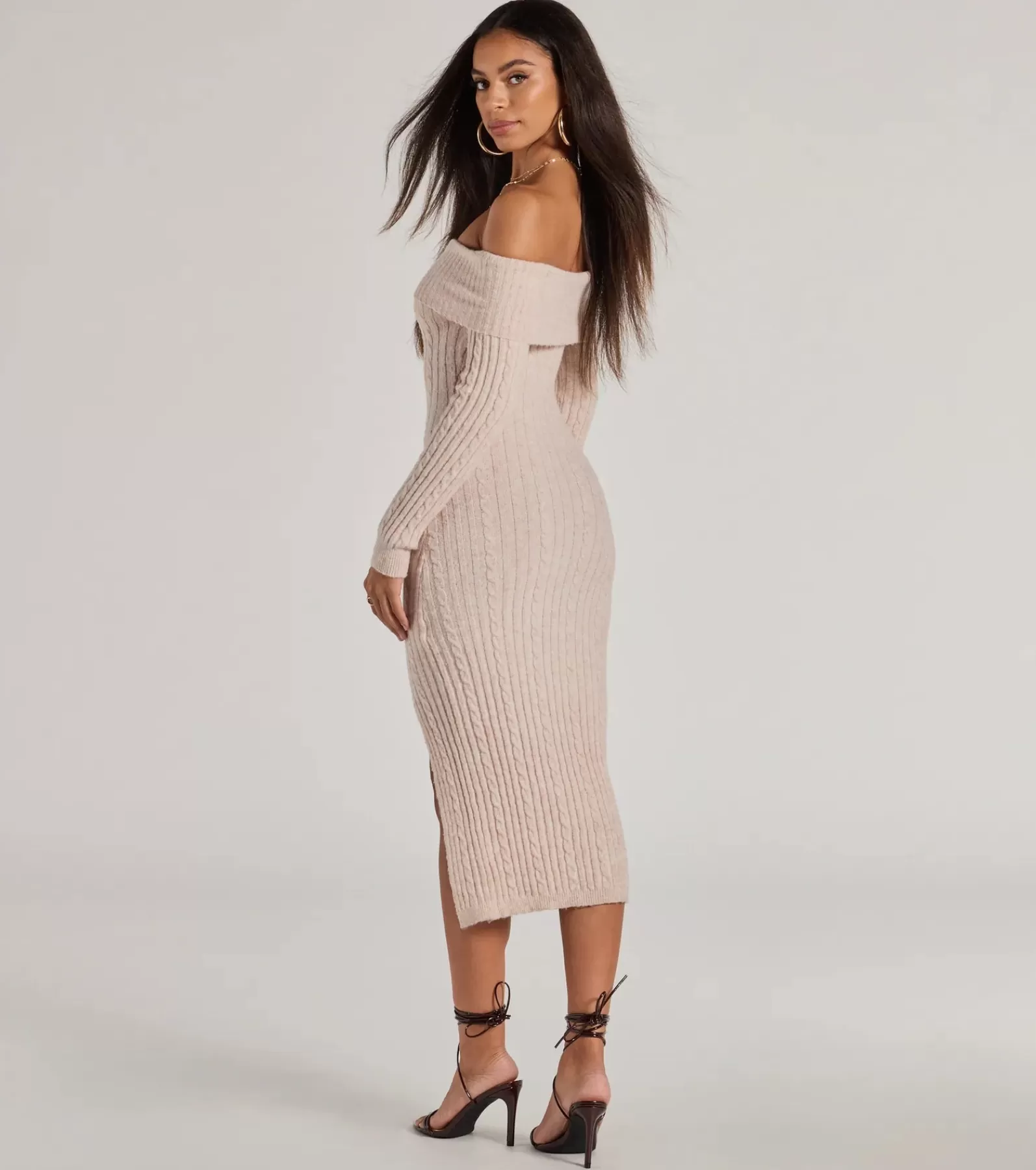 Windsor Midi Dresses*Cozy Luxe Cable Knit Off-The-Shoulder Midi Dress