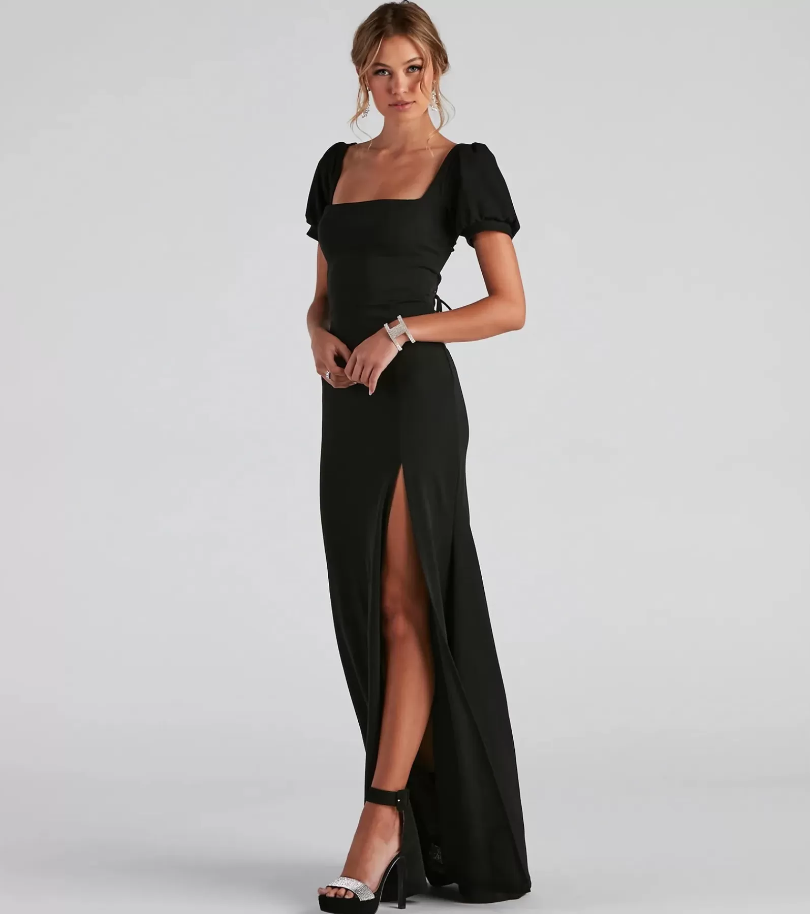 Windsor Black Bridesmaid Dresses*Denali Formal Puff Sleeve Long Dress