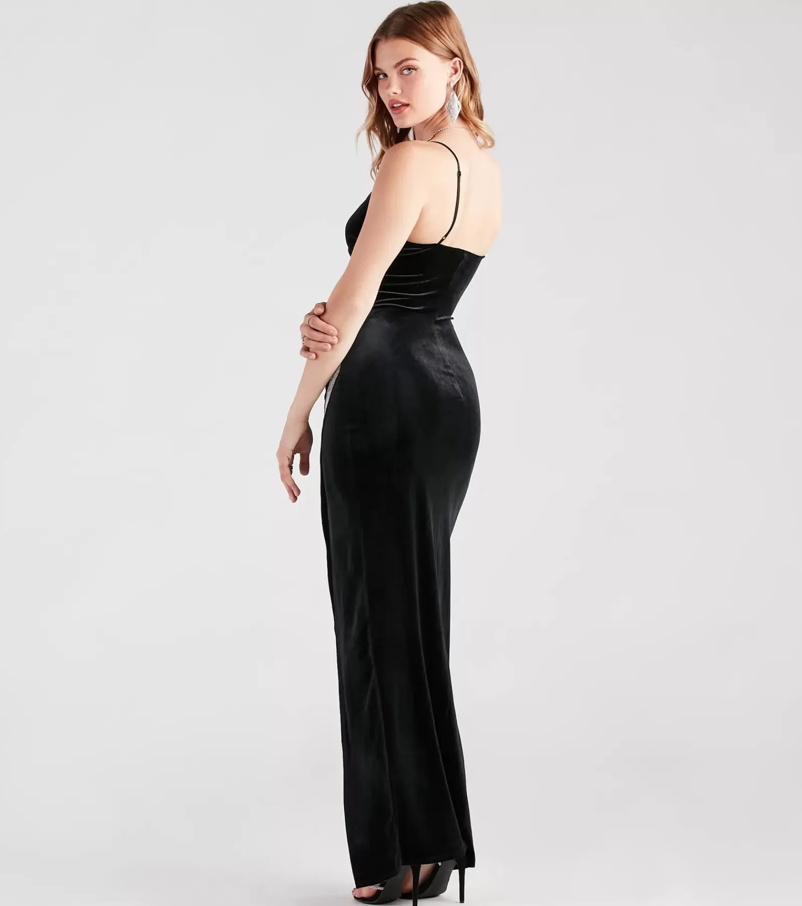 Windsor Velvet Holiday Dresses*Dina Formal Velvet Rhinestone Slit Dress