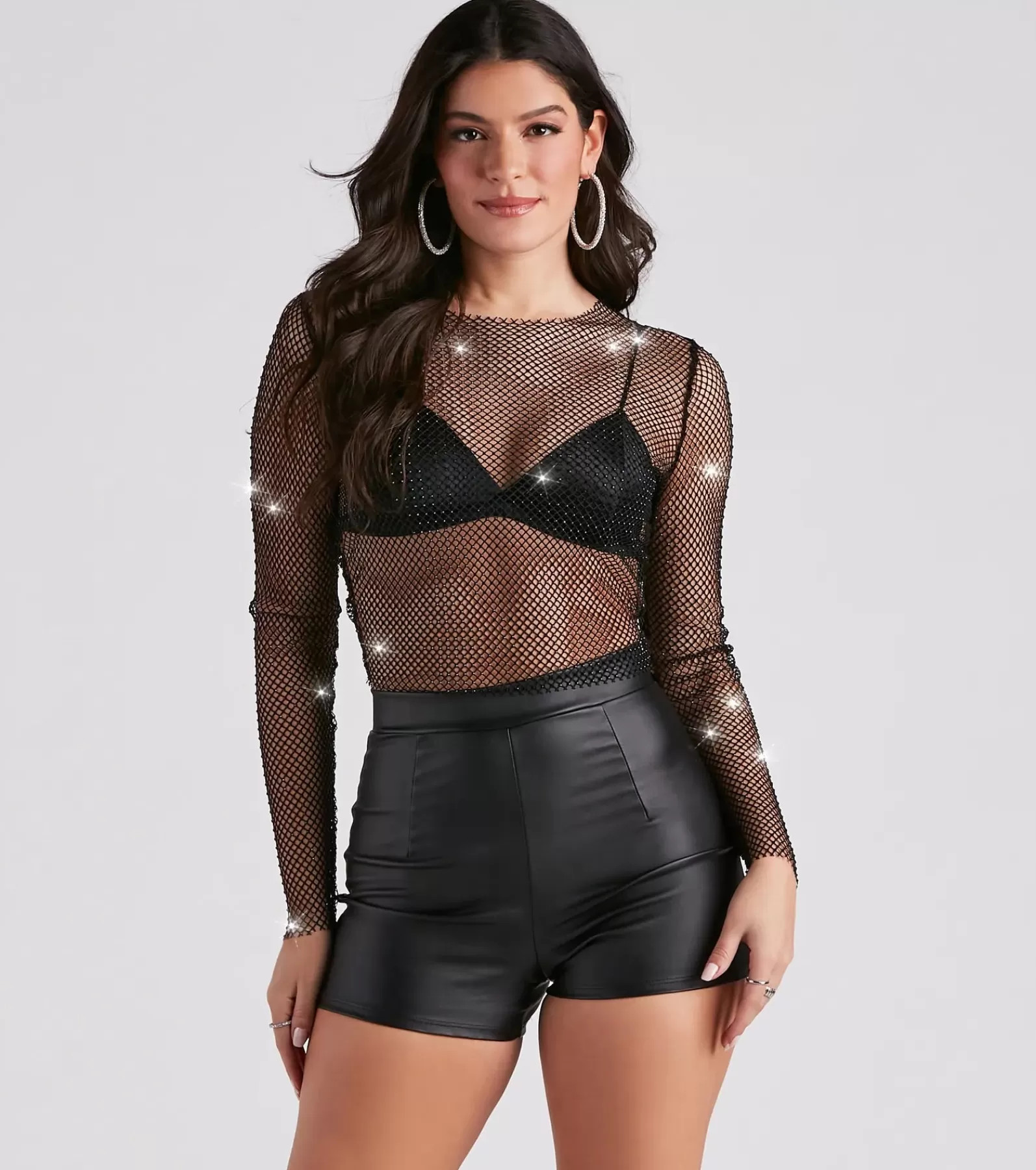 Windsor Nye Outfits | Going-Out Tops*Edgy Glam Girl Rhinestone Fishnet Top