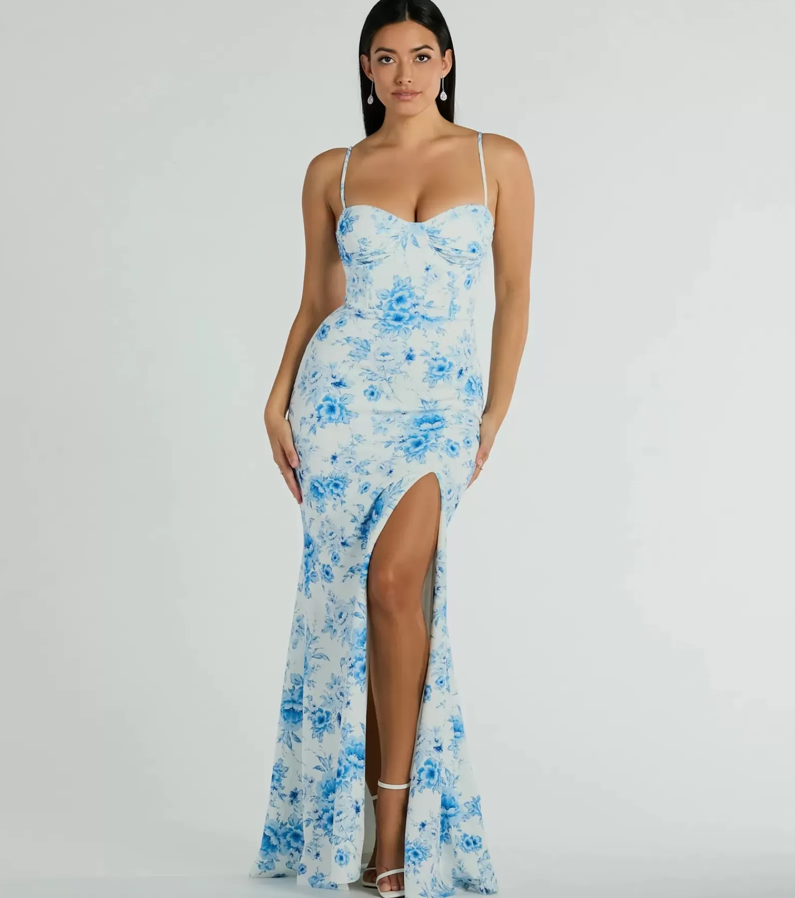 Windsor Blue Bridesmaid Dresses*Elia High Slit Floral Crepe Mermaid Dress
