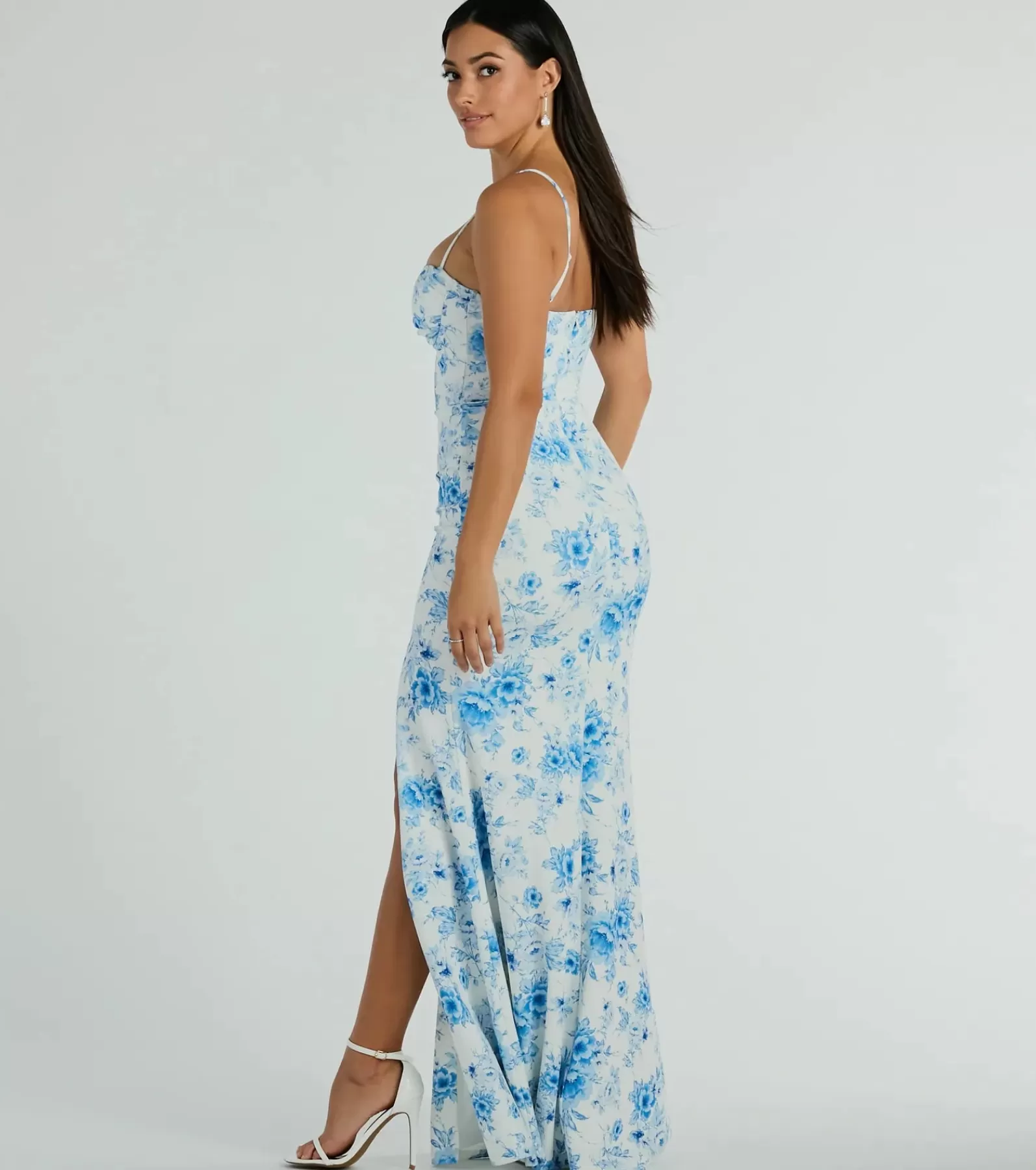 Windsor Blue Bridesmaid Dresses*Elia High Slit Floral Crepe Mermaid Dress