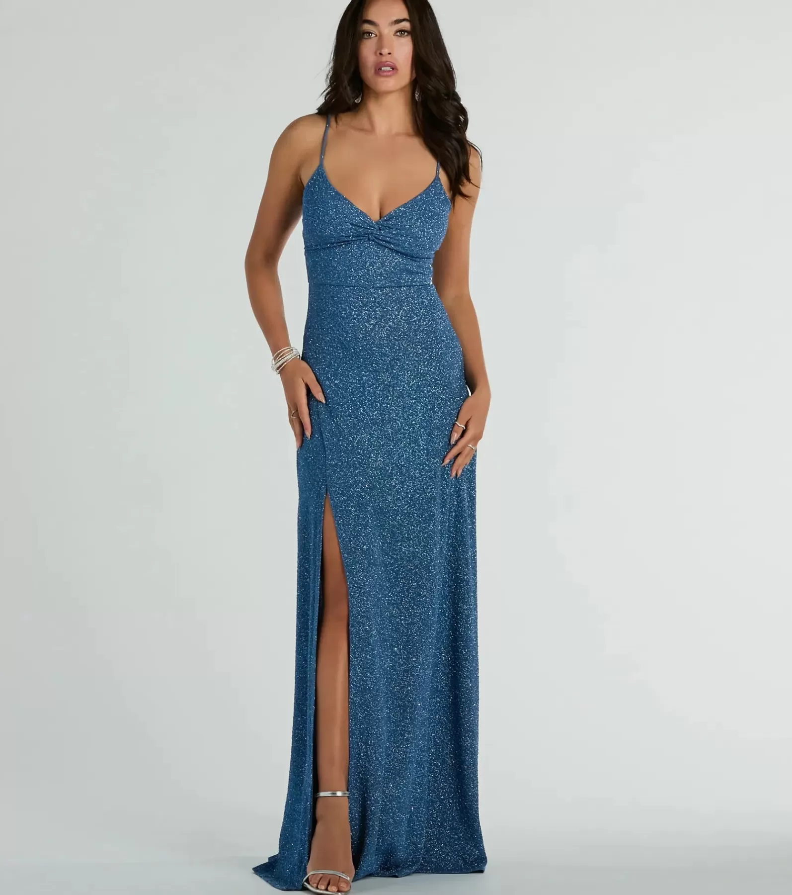 Windsor Blue Bridesmaid Dresses*Elizabeth Cutout A-Line Slit Glitter Formal Dress