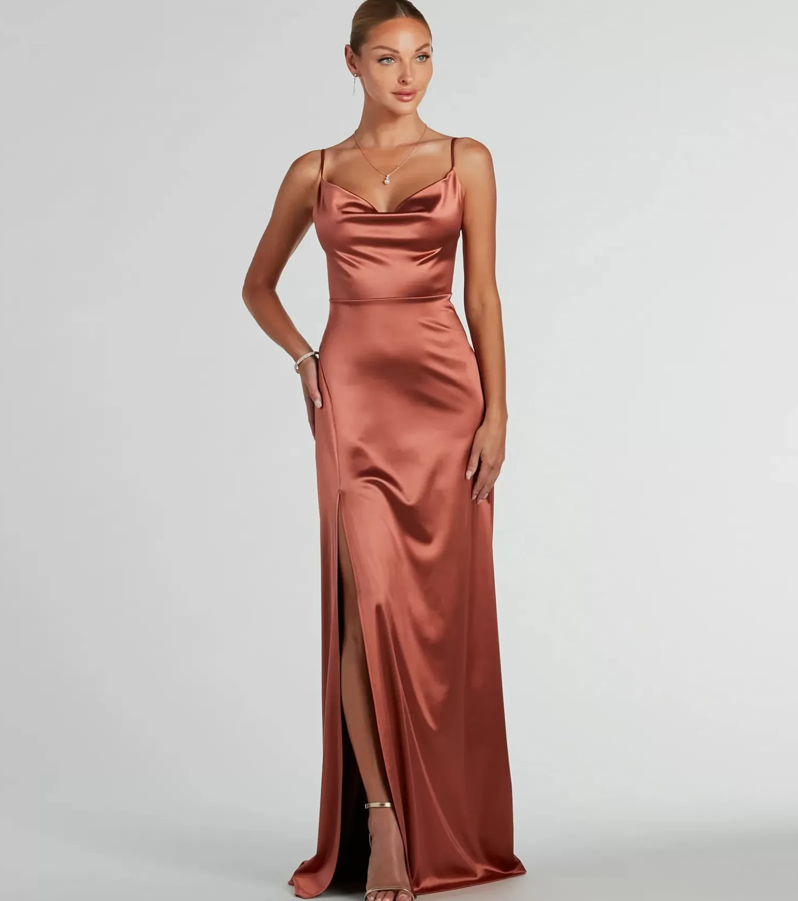 Windsor Satin Bridesmaid Dresses*Ellie Cowl Neck A-Line Long Satin Formal Dress