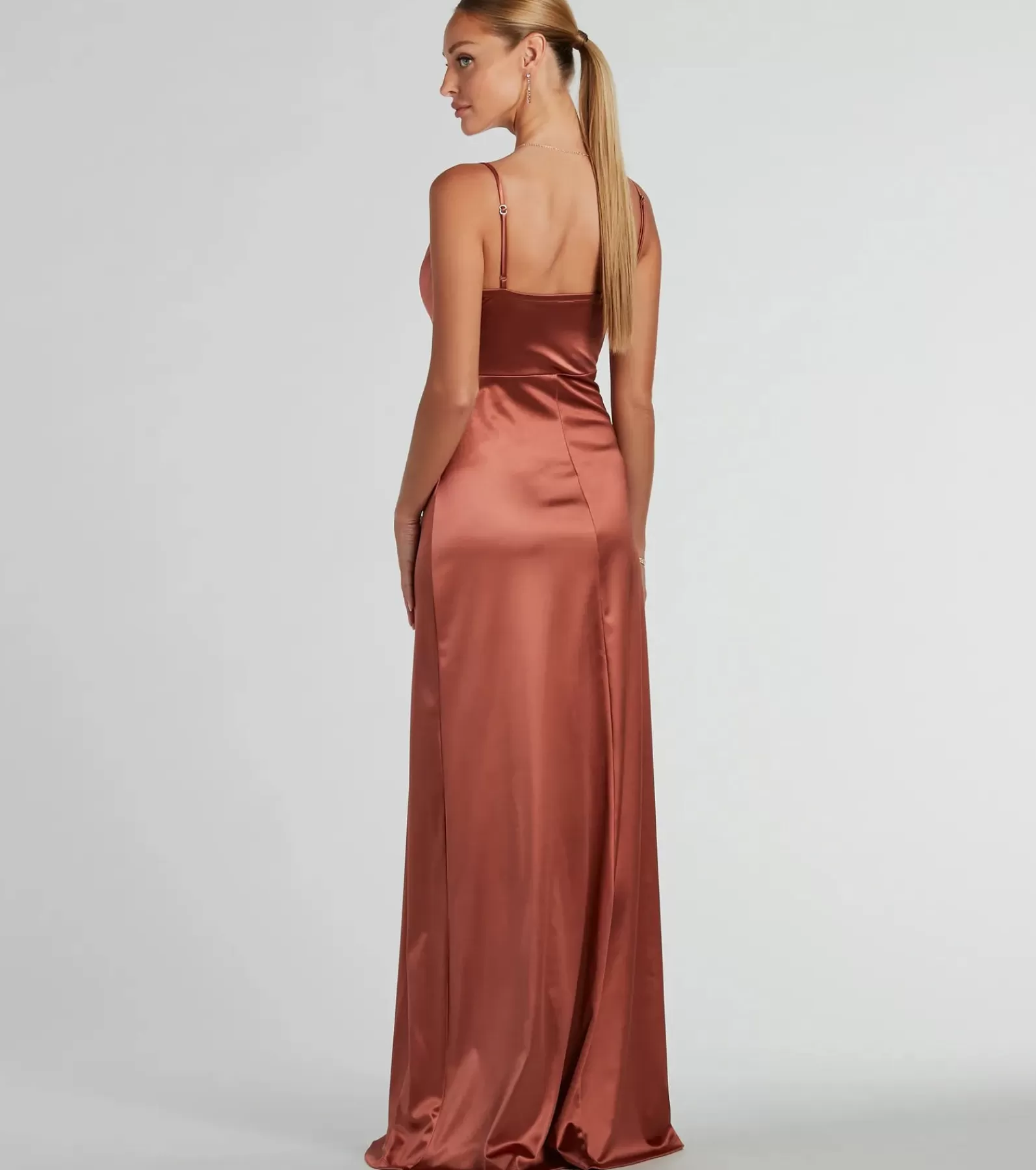 Windsor Satin Bridesmaid Dresses*Ellie Cowl Neck A-Line Long Satin Formal Dress