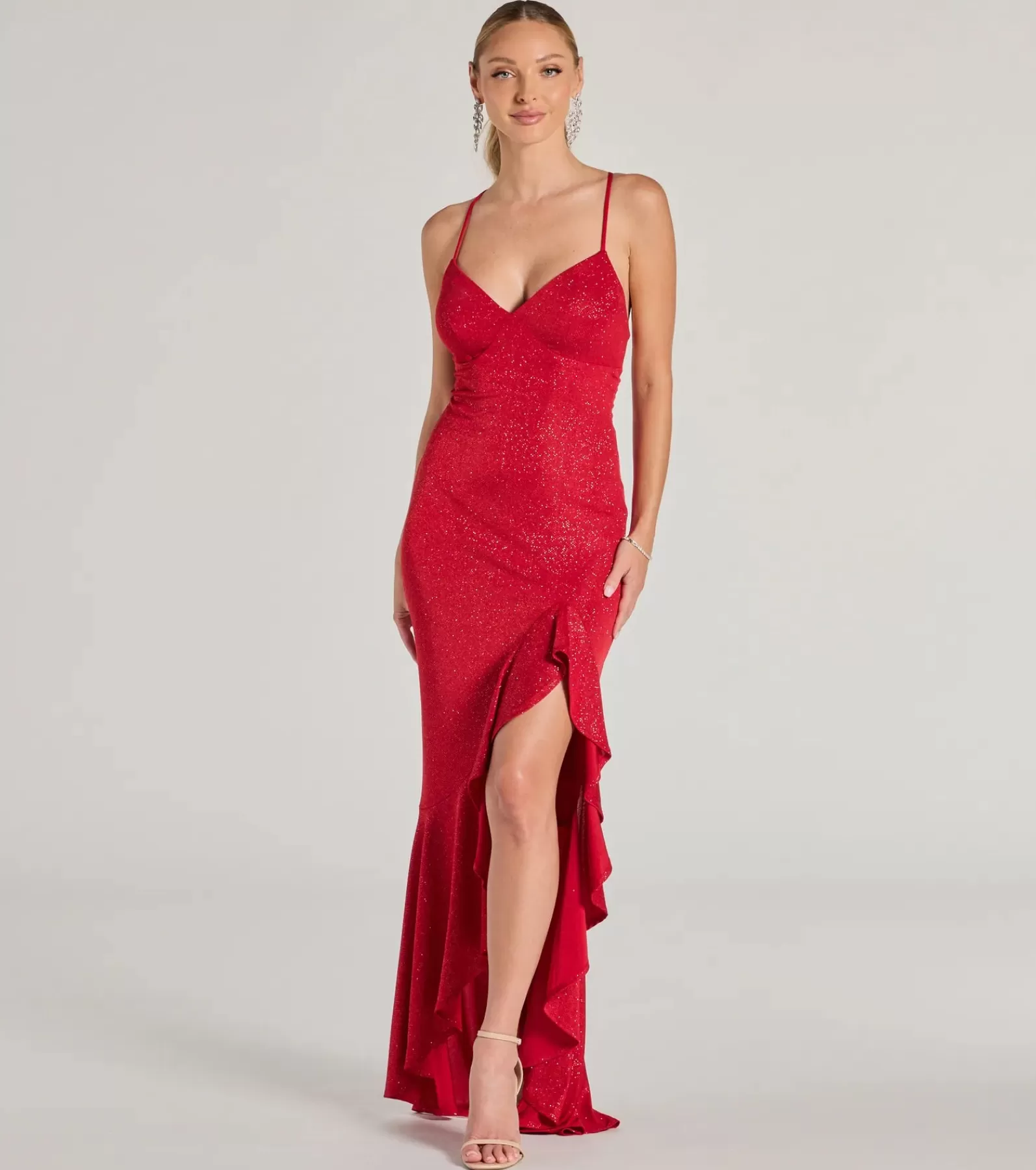 Windsor Red Holiday Dresses | Holiday Party Outfits*Eva Lace-Up High-Low Ruffle Mermaid Formal Dress