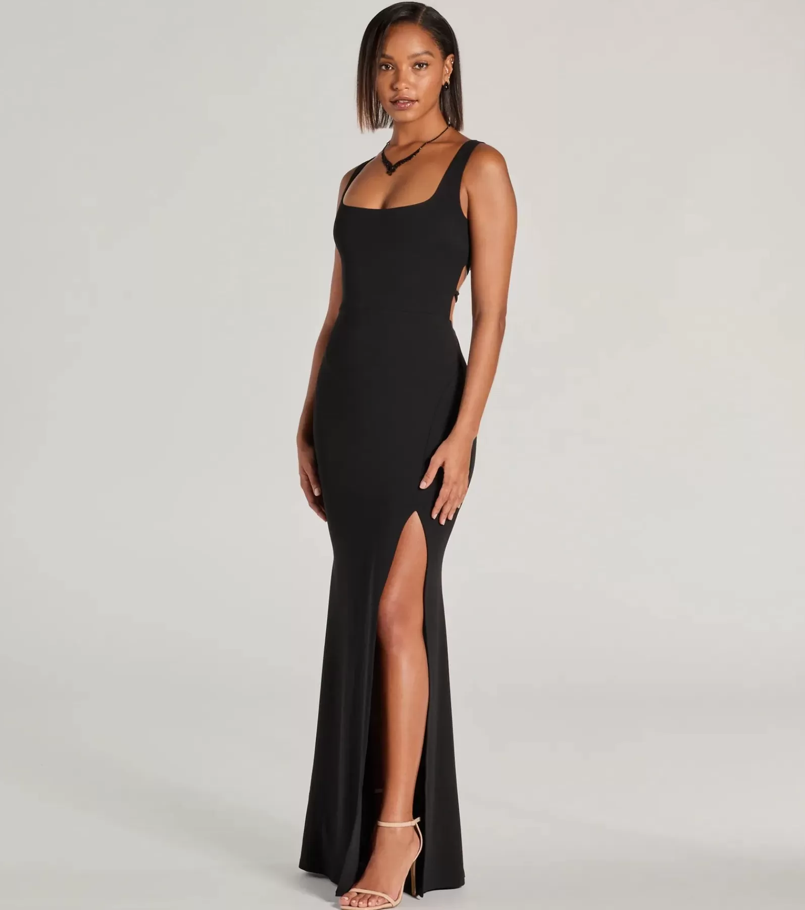 Windsor Black Bridesmaid Dresses | Black Tie Wedding Guest Dresses*Everley Lace-Up Slit Mermaid Crepe Formal Dress