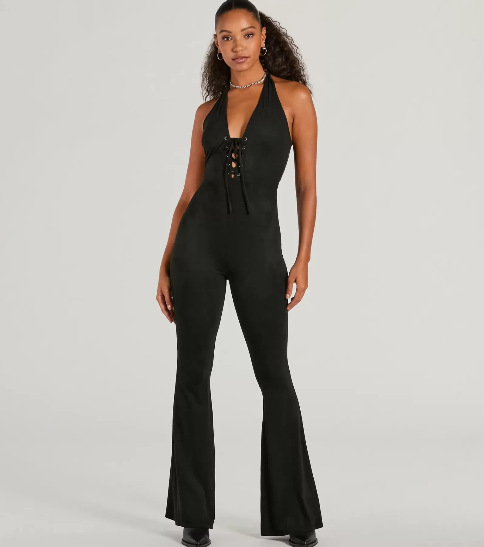 Windsor Black Pants | Faux Leather & Suede Bottoms*Eyes On Me Lace-Up Flare Faux Suede Jumpsuit