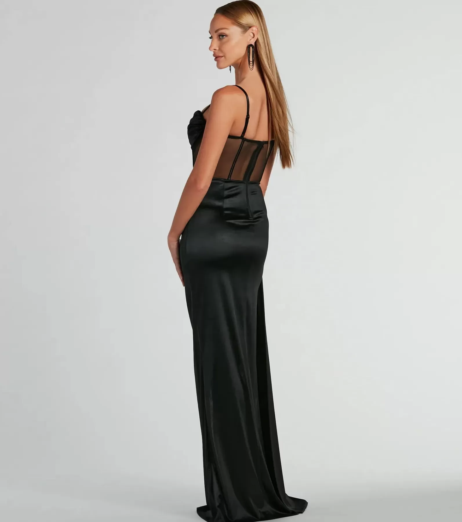 Windsor Satin Bridesmaid Dresses | Black Bridesmaid Dresses*Fallon Satin Corset Side Sash Formal Dress