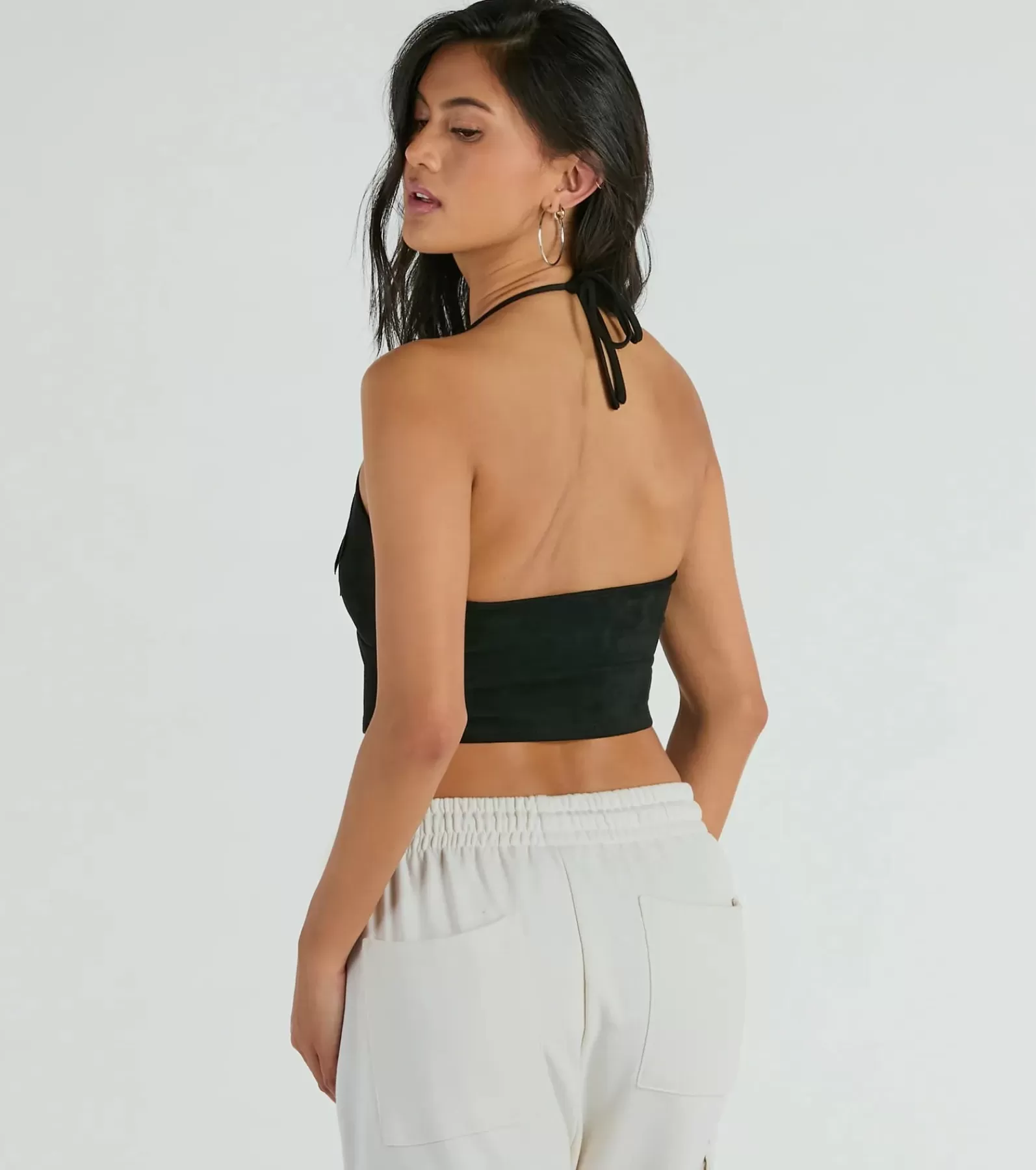 Windsor Crop Tops*Festive Icon V-Neck Fringe Halter Faux Suede Crop Top