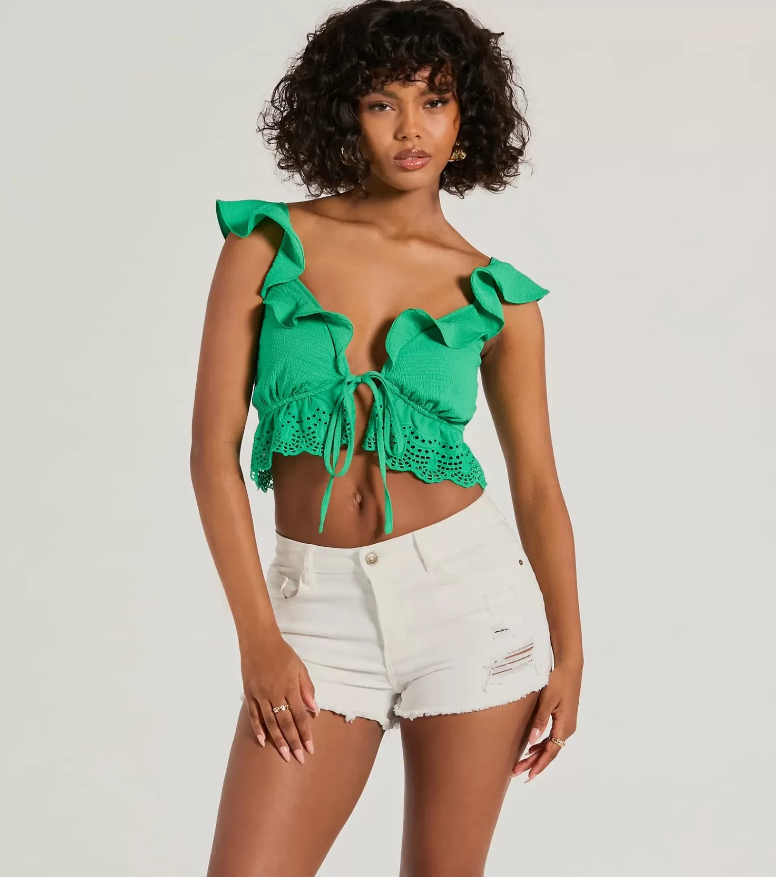 Windsor Tie Front Tops | Short Sleeve Tops*Flirty Flutter Sleeve Tie-Front Eyelet Crop Top